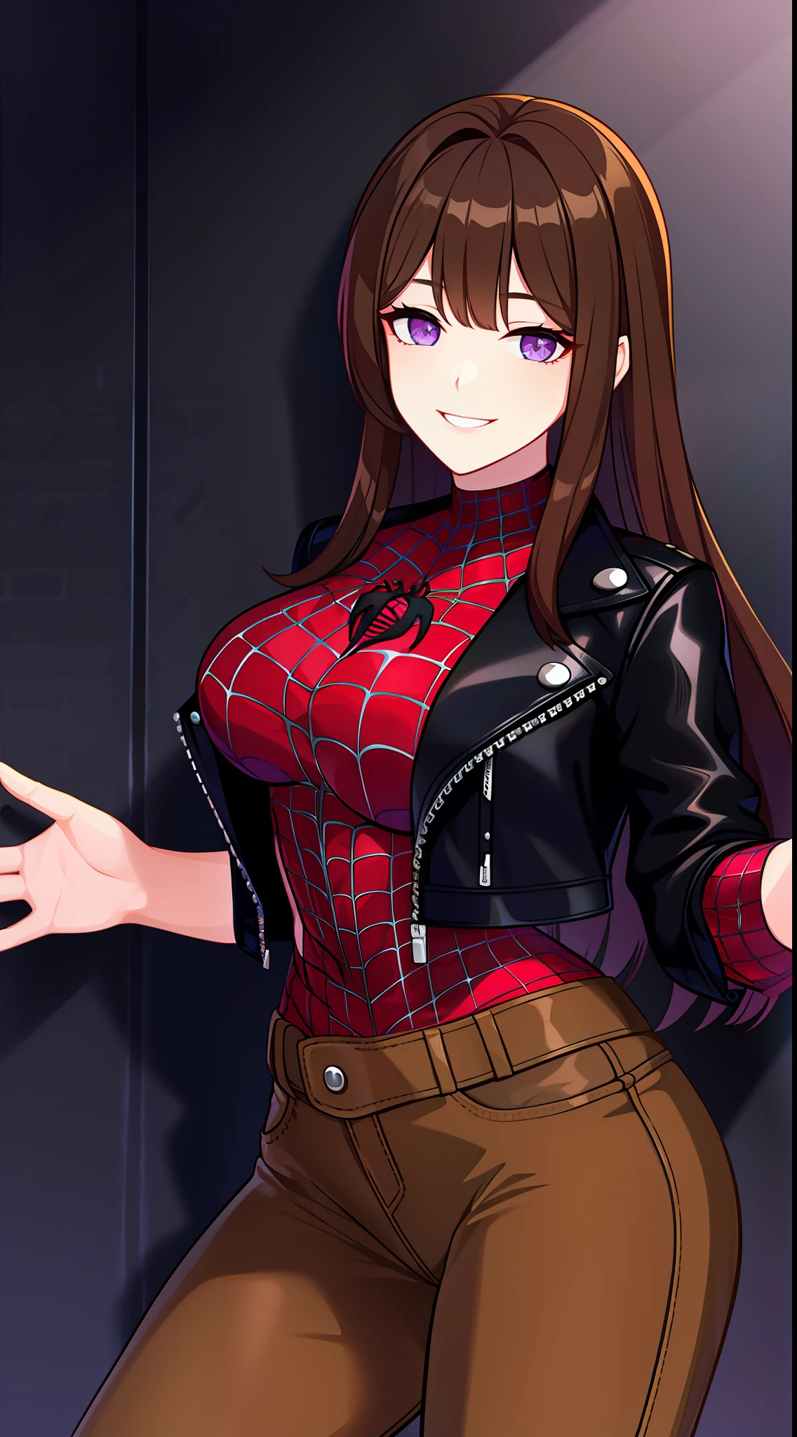 young girl, Long brown hair, violet eyes, black leather jacket, Spider-Man 2099, ssmile, Masterpiece, hiquality