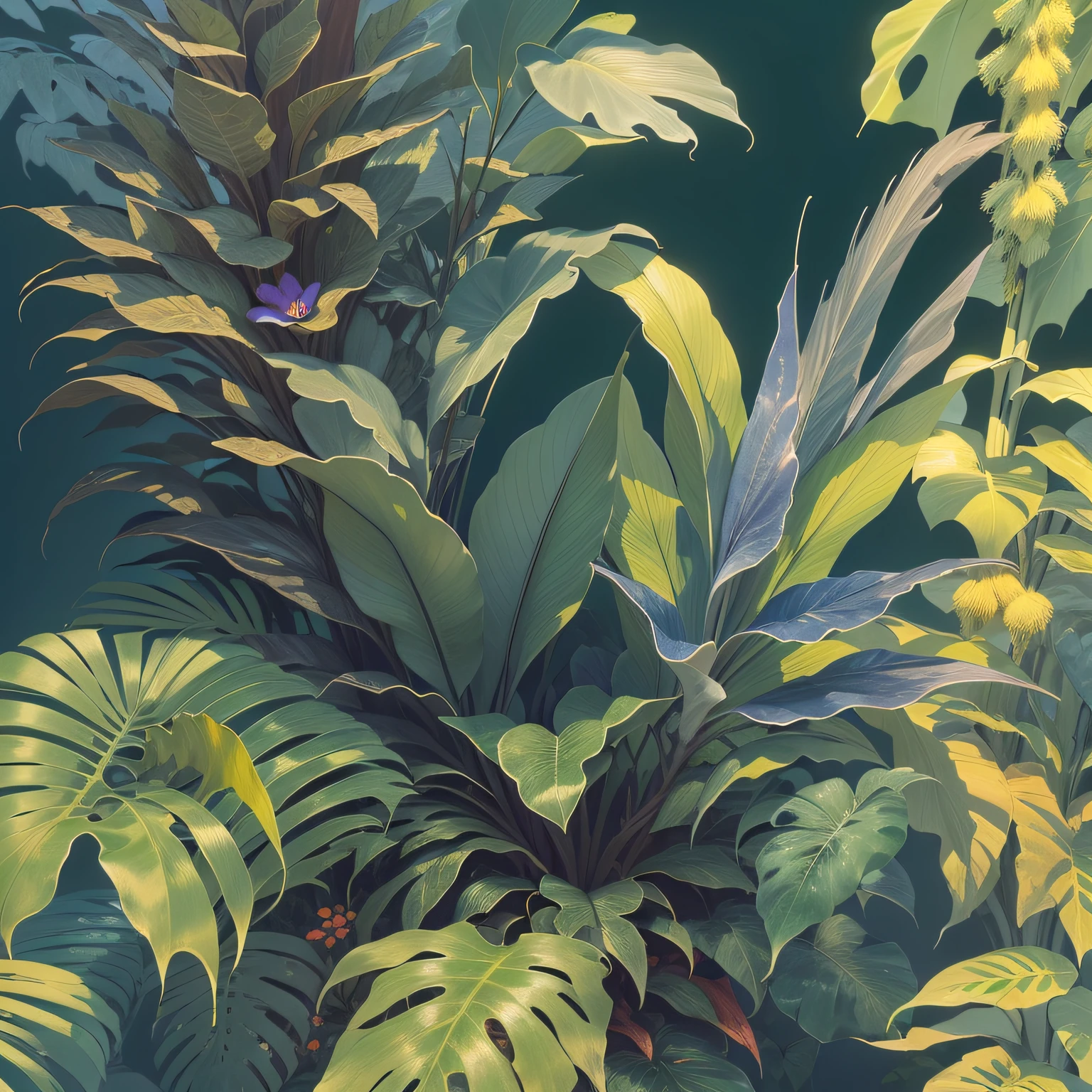 ((flat painting style, blank background, various tropical plants in the lower right corner, low-saturated dark purple-blue edge, low saturation)), (sunlight hits low-saturated blue-green plantain leaves from the upper left corner, bird&#39;s nest fern, attached Green orchid and purple-red Jishui pineapple, light-receiving surface of the plant is bright yellow and white, and the shadow is blue-gray), (plane wide angle, elegant tone, soft color, photography light and shadow sense),