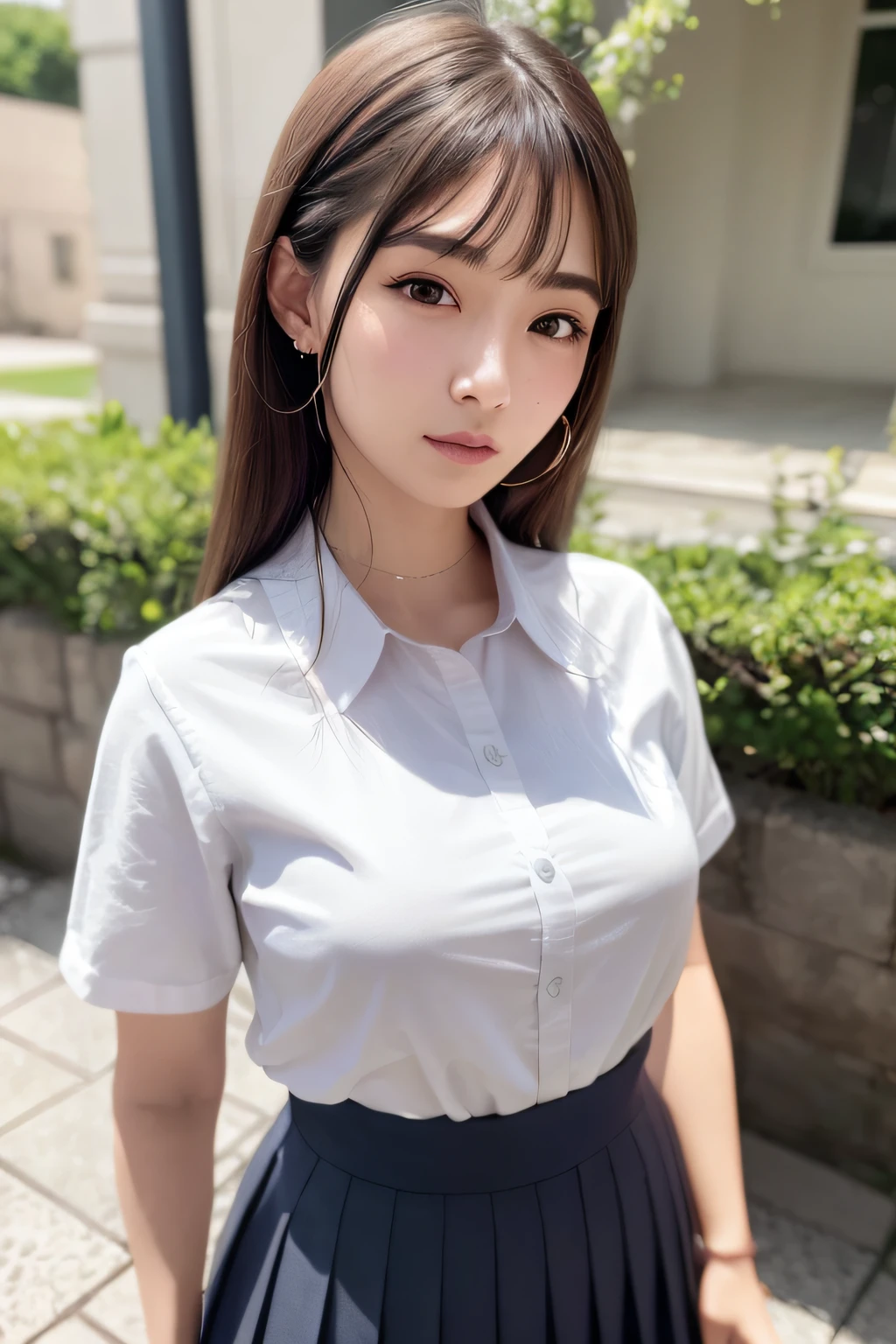 (RAW photo, best quality), (realistic),photo, best quality ,masterpiece, an extremely delicate and beautiful, extremely detailed, CG ,unity, 2k wallpaper, finely detail, masterpiece, best quality, huge filesize, ultra-detailed, highres, extremely detailed, 1girl, slim body, (short sleeve shirts:1.1),(uniform:1.1),(pleated skirt:1.1), porcelain skin,  (grey hair), (hair ornament), looking at viewer, face close-up, straight hair, extremely detailed face, extremely detailed eyes, seductive smile, rainy ,
