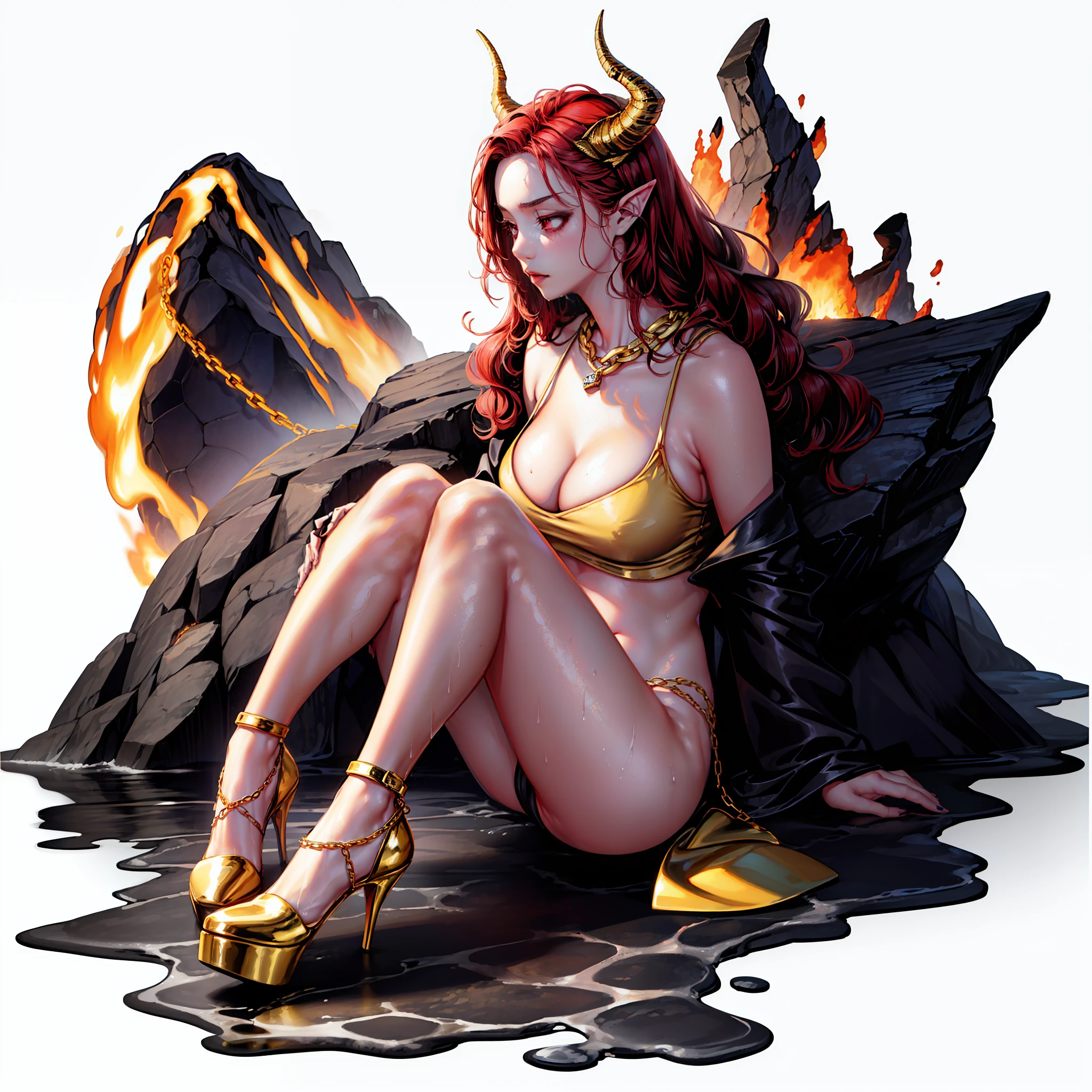 (Golden Ratio:1.2),[(white background:1.4)::10],(masterpiece), (best quality), (ultra detailed),(disheveled hair),(illustration),(1 girl:1.3),solo,full body,demon female,(bronzed skin),shiny skin,red hair,wavy long hair,red eyes,yoongonji,gigantic cleavage breasts,breasts cleavage outcut,(crop top:1.3)+(golden chain:1.2)+(high heels:1.3),demon horns,Spiraling Devil's Horn,(The devil's horns are dominated by black,It has red lines),strong muscle,tall body,(athletic body:1.2),(Sit on your side on the ground,/(The legs are soaked in lava:1.2)/)+(Volcanoes in the distance:1.3)+[(Inception:1.2)]