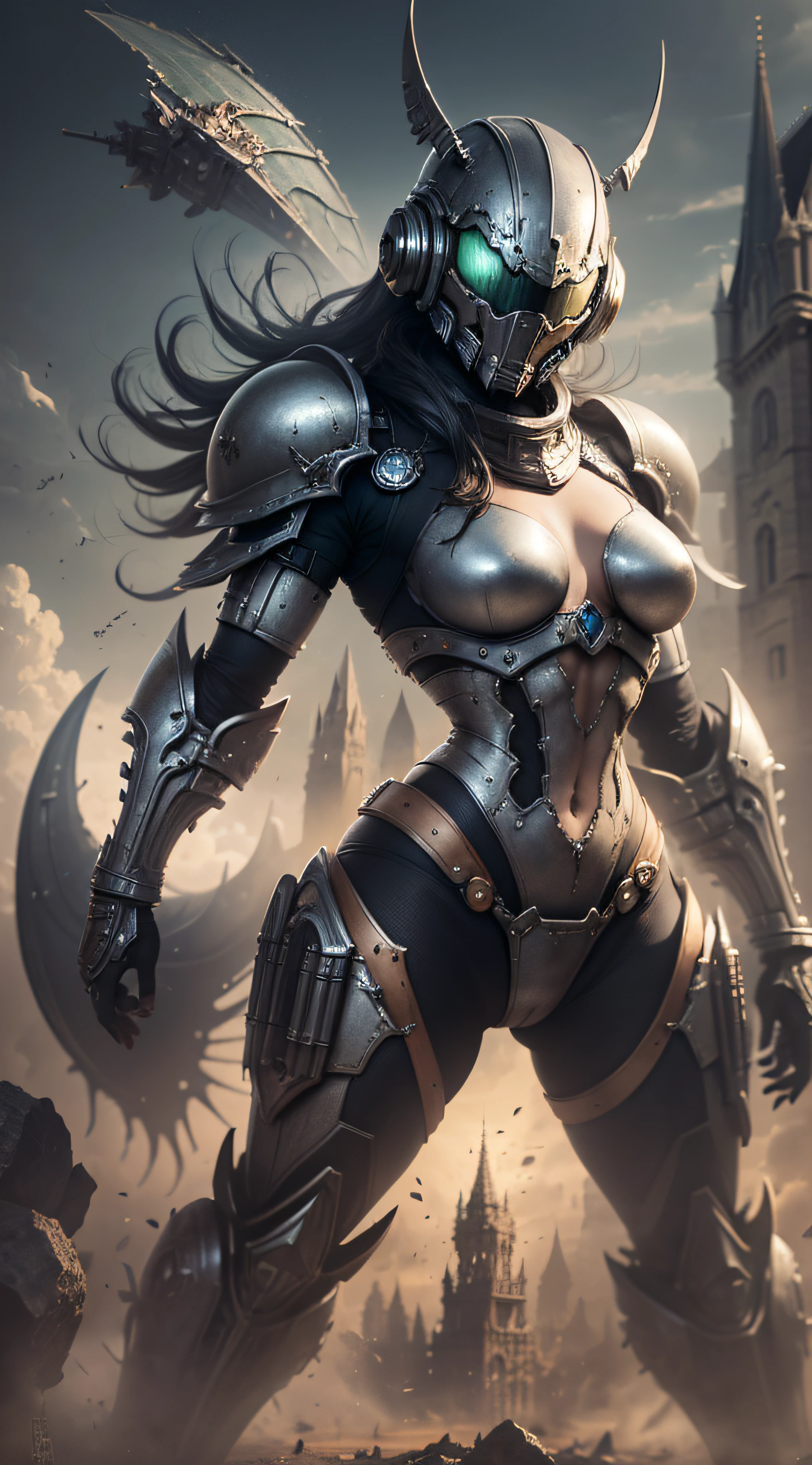 Linda mulher, corpo inteiro, com armadura estilo master chef, doom, warhammer 40.000 linda e decotada, corpo escultural, usando mecha de metal desgastado, vermelho e branco, campo de batalha, alien planet, rochas enormes, alien structures destroyed by battle,