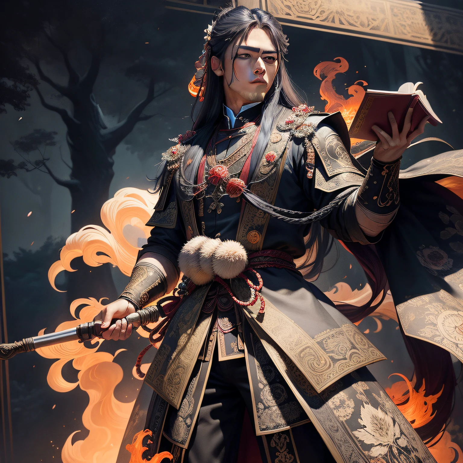 Jin Sakai, ultra detailed young man jwith long hair wearing detailed and intricate ancient clothes, in ancient cherry orchard portrait, glowy red smoke art merged with art nouveau, ink lines, 32k resolution, best quality in the style of video game Ghost of Tsushima. --auto