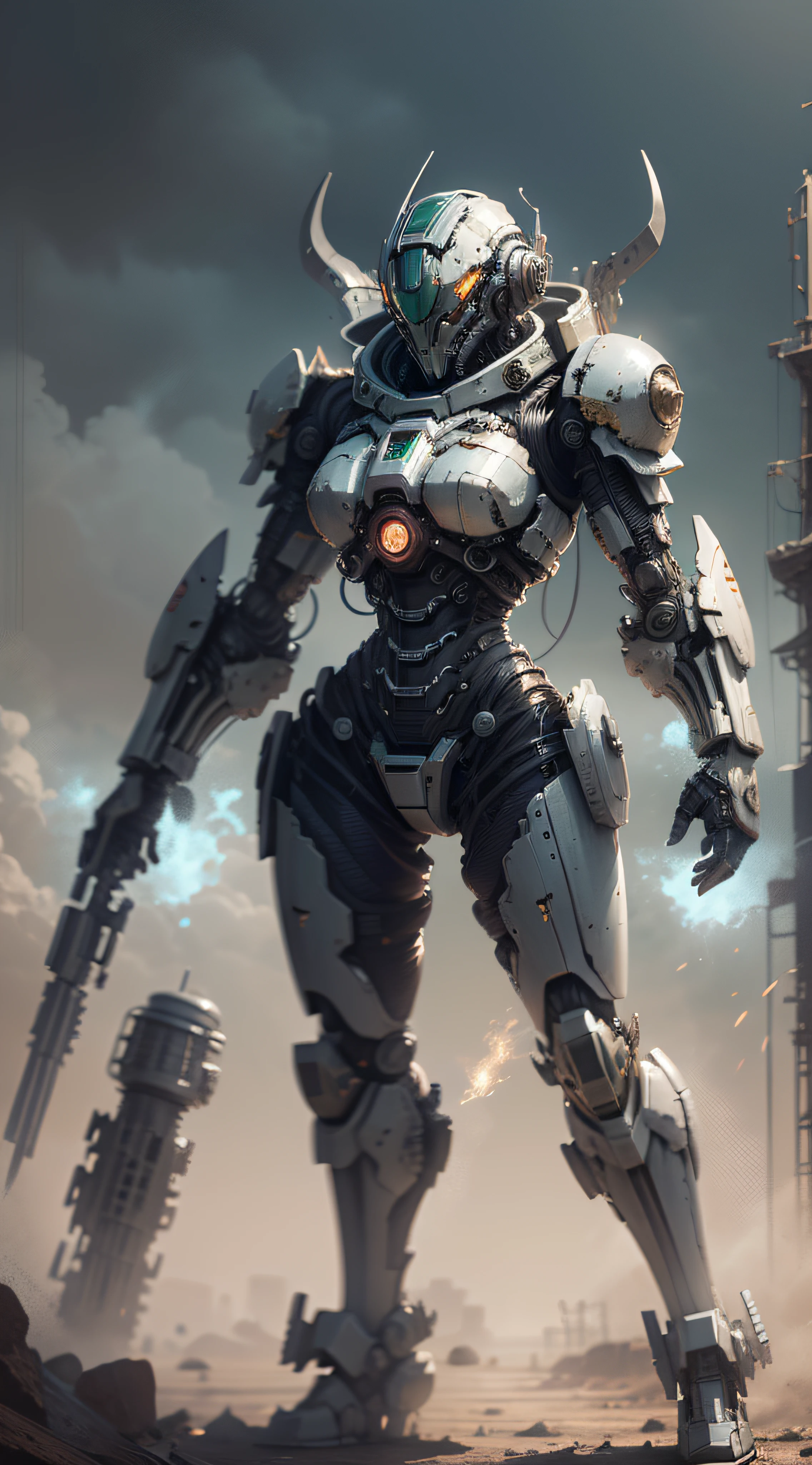 Linda mulher, corpo inteiro, com armadura estilo master chef, doom, warhammer 40.000 linda e decotada, corpo escultural, usando mecha de metal desgastado, vermelho e branco, campo de batalha, alien planet, rochas enormes, alien structures destroyed by battle,