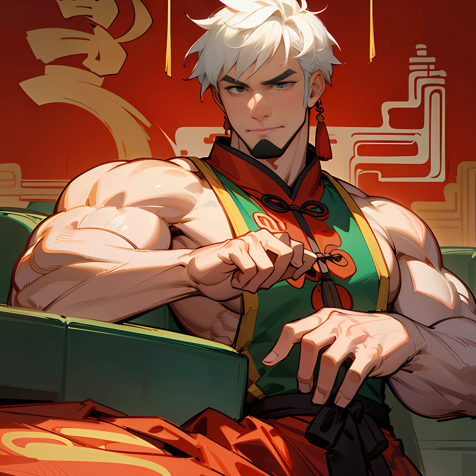 Highest accuracy，Muscle man wears ancient Chinese clothing，laying on their back，Lower body erection，Lower body details，Thick pubic hair，Handsome face，Short white hair，Eating steamed buns，The background is a Chinese-style building，China-style