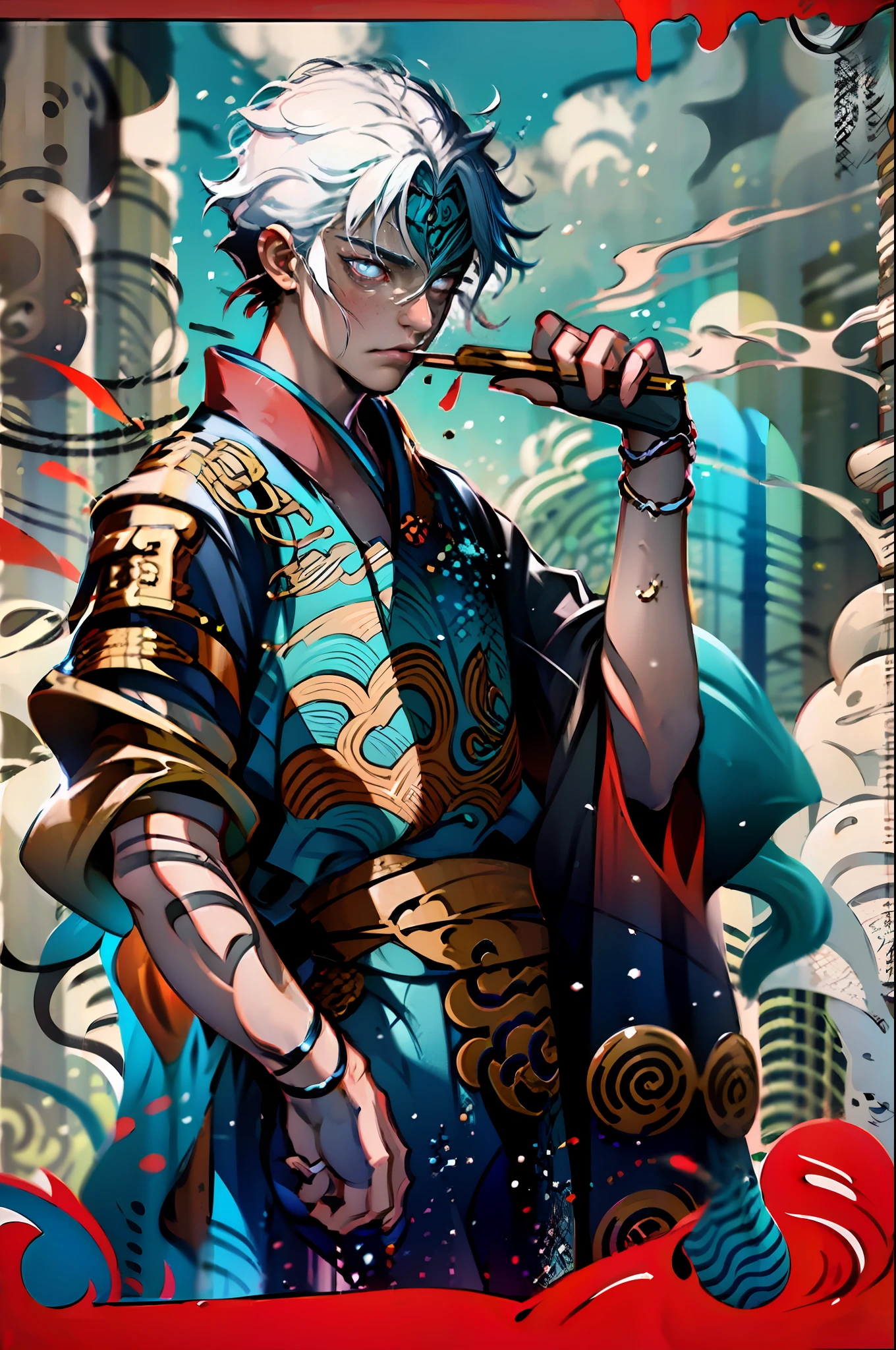 young man, vampire. short white hair, kimono, muscular, thin, smoking, holds katana --auto --s2