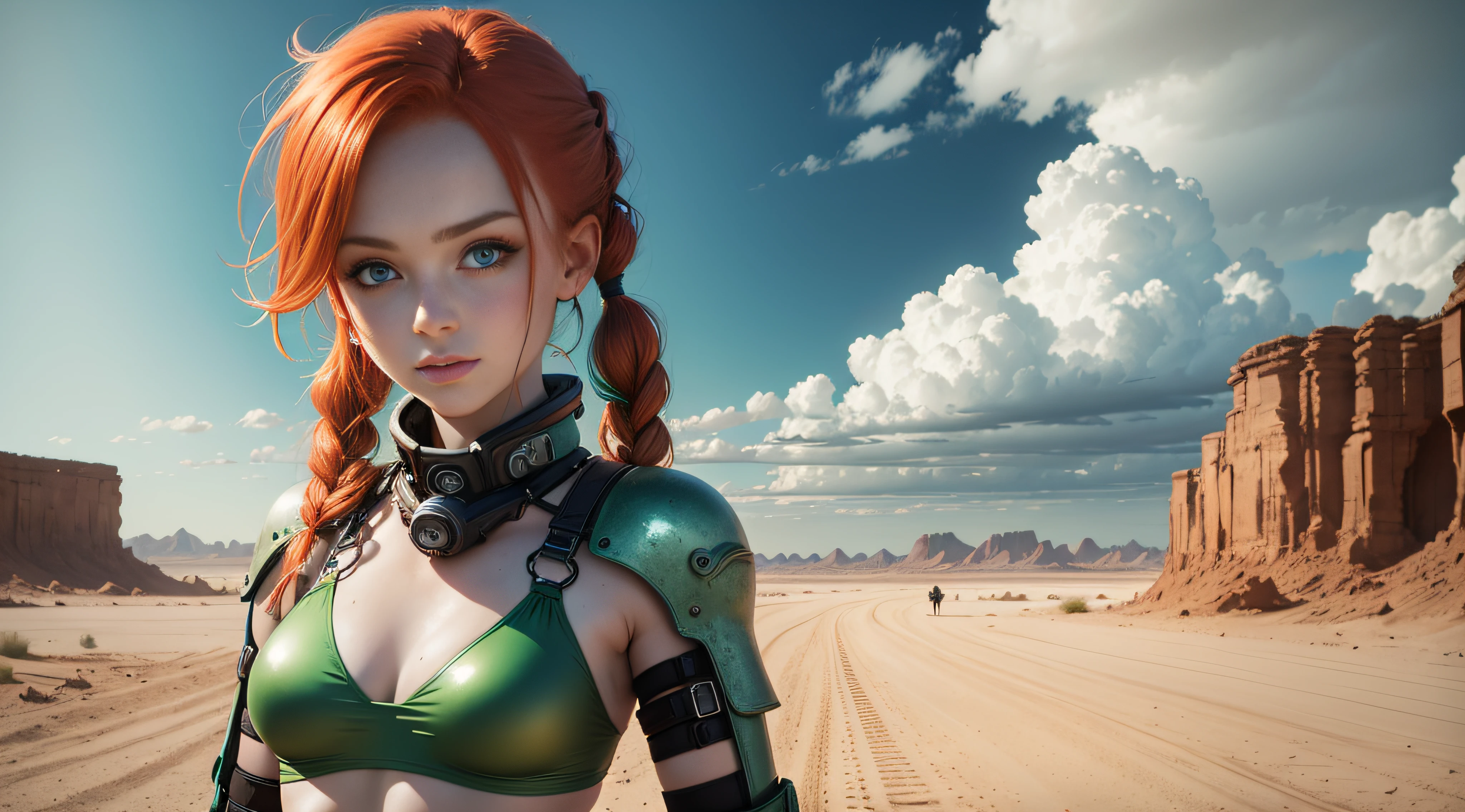 cute redhead woman in twin tails, multiple rainbow colored hair, sky-blue eyes, happy, Ukrainian, petite, pale skin, wearing a green metallic color bikini, post apocalyptic background, bleak barren desert, photo realistic woman. --auto