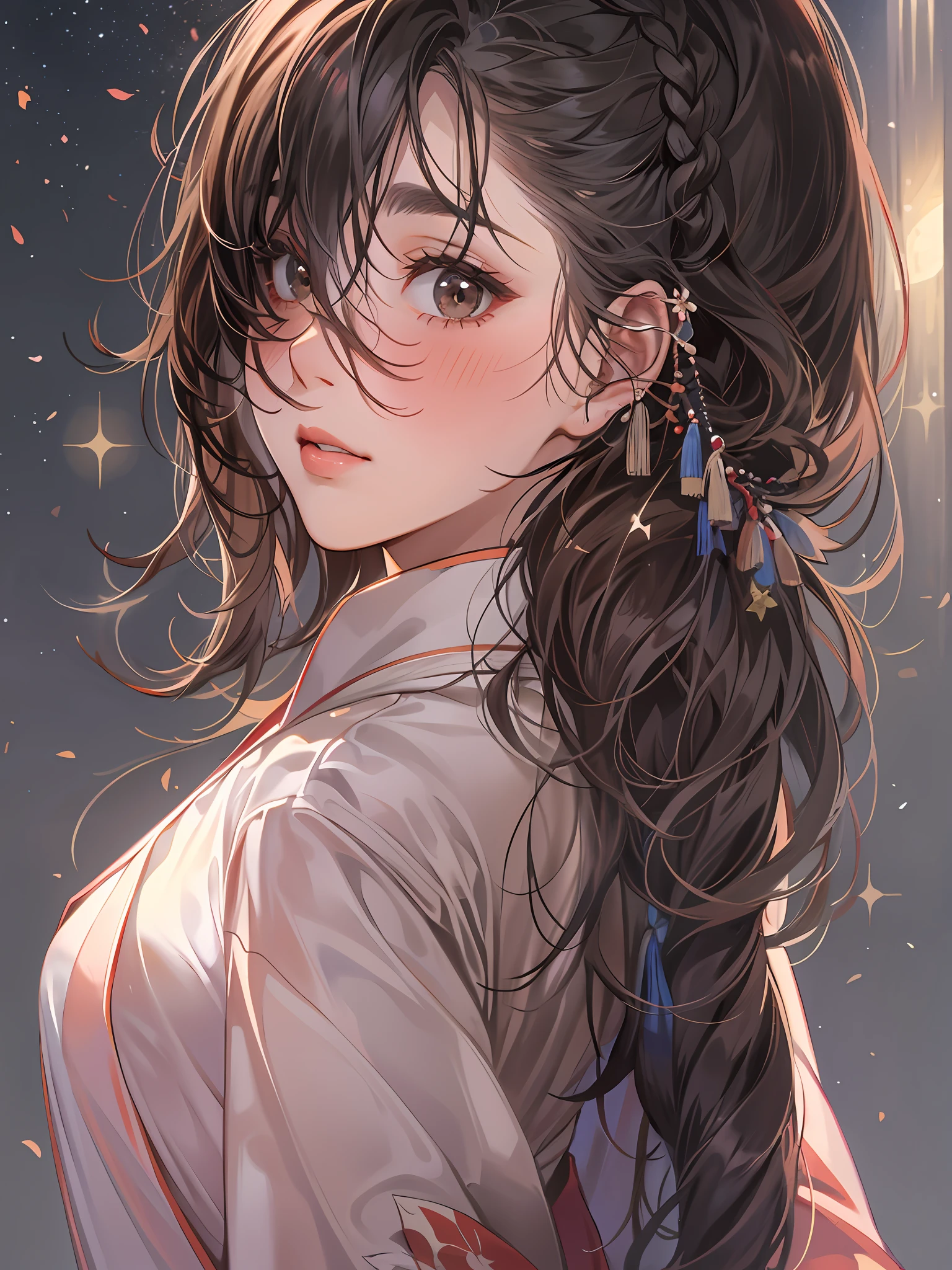 (masterpiece:1.2),(photographrealistic),8K,best qualtiy,high-detail,Solo,Beautiful detailed girl,25-years old,japanaese adult girl,((Pulled back hair)),braid,Forehead,(side locks),(Medium Hair),Brown eyes,(Very small breasts:1.6),(muscular:1.2),(Portrait),(upper body),Blushing,looking at the viewers,Thick eyebrows,long eyeslashes, Night, Moonlight,light Particle