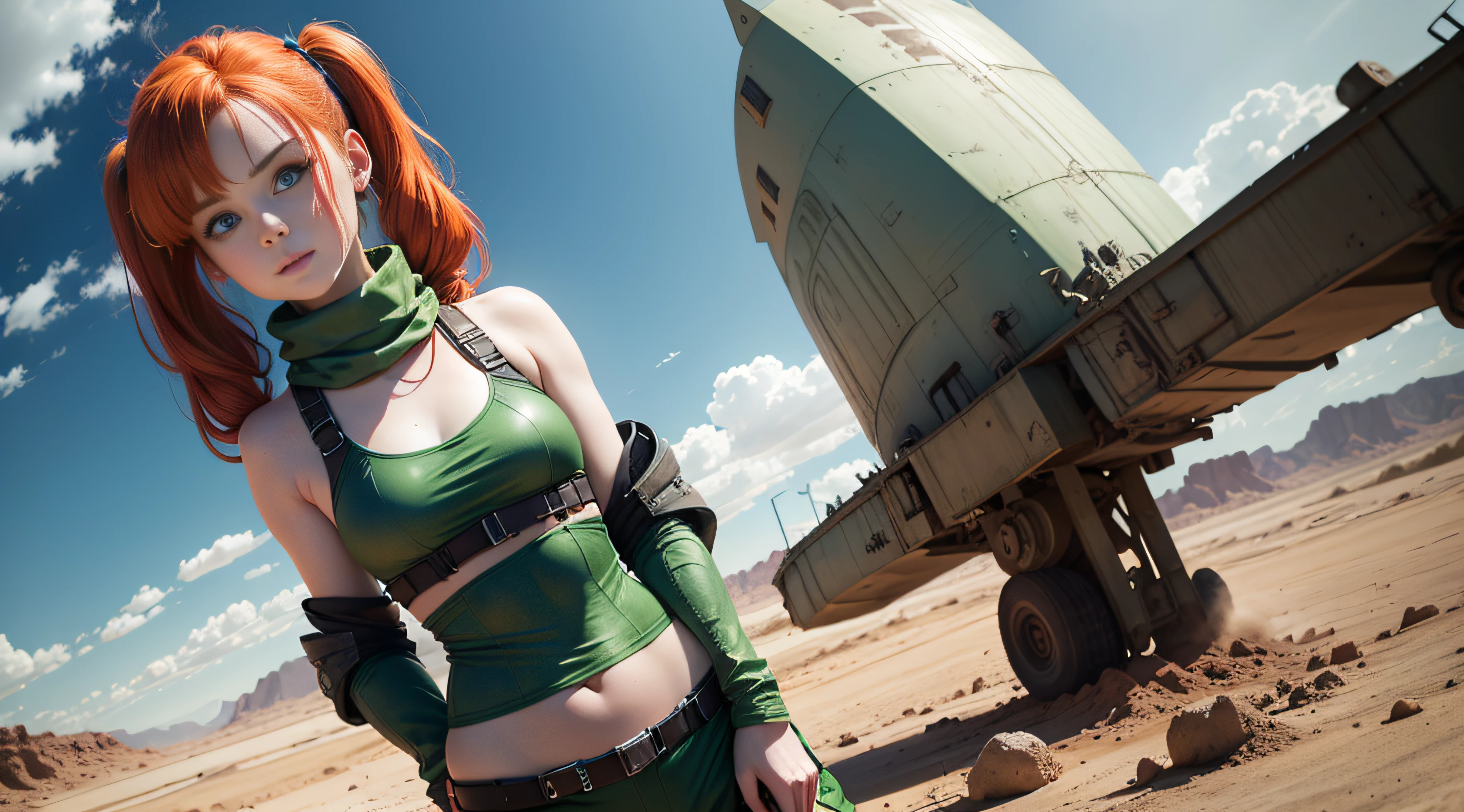 cute redhead woman in twin tails, multiple rainbow colored hair, sky-blue eyes, happy, Ukrainian, petite, pale skin, wearing a green metallic color bikini, post apocalyptic background, bleak barren desert, photo realistic woman. --auto