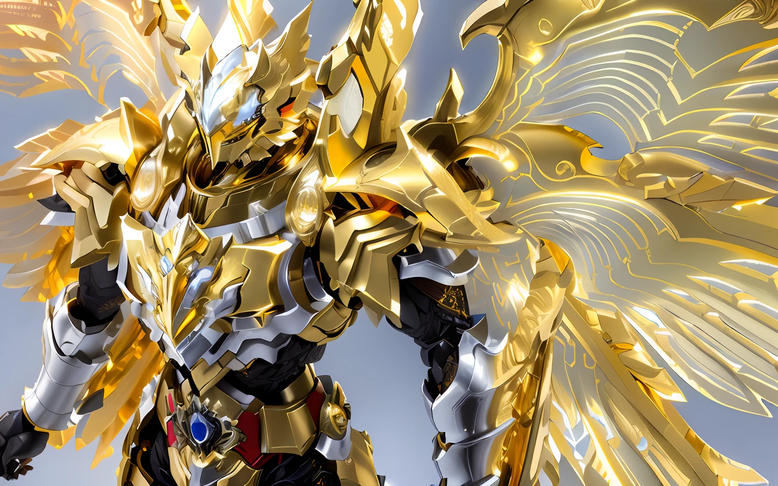 Alavi with golden wings and a golden body, gold paladin, angelic golden armor, the golden cat armor knight, ultra hyper-detailed, hyper detailed photo, ultra mega detailed, golden and copper shining armor, ultra detailed 16k, Golden armor, yu - no, close up high detailed, Light gold armor, Dragon Knight, The golden armor wears a belt centered on Tai Chi Bagua