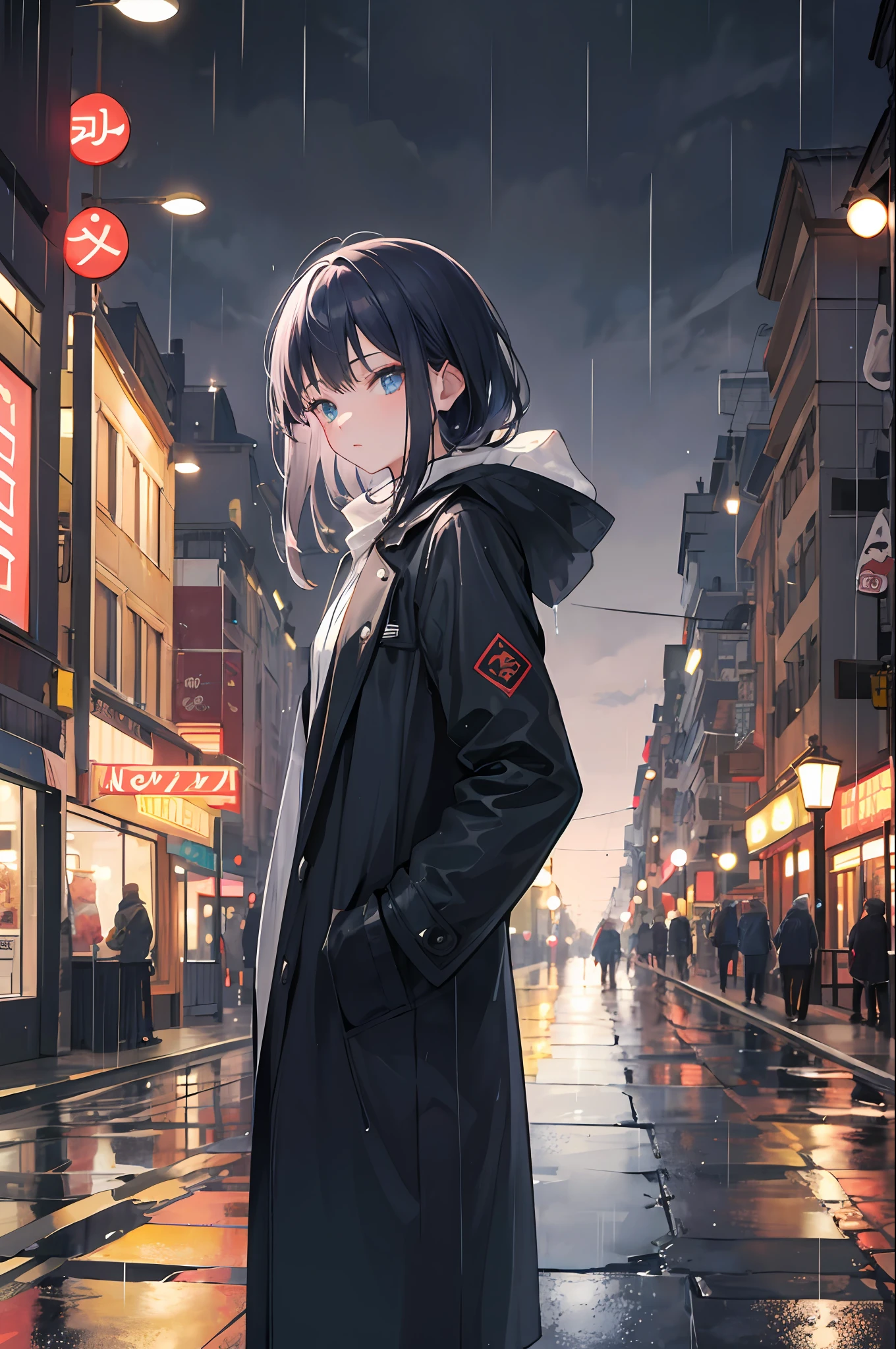 1girl,night city,rain,coat,hands in pockets