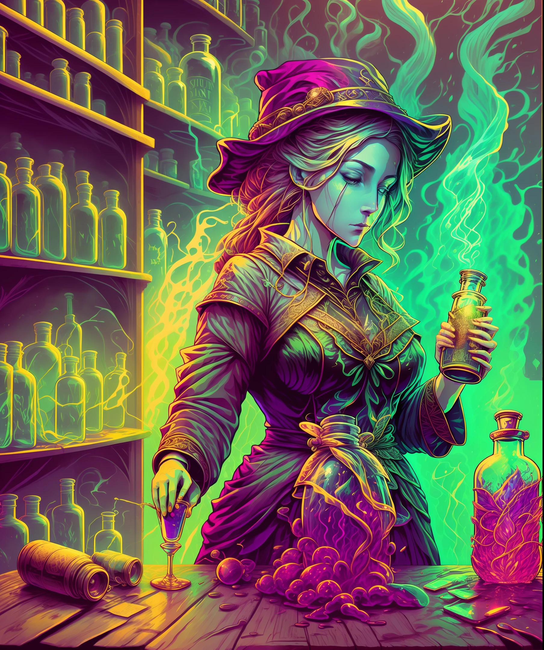 An alchemist woman with a bottle of potion in her hands --auto --s2