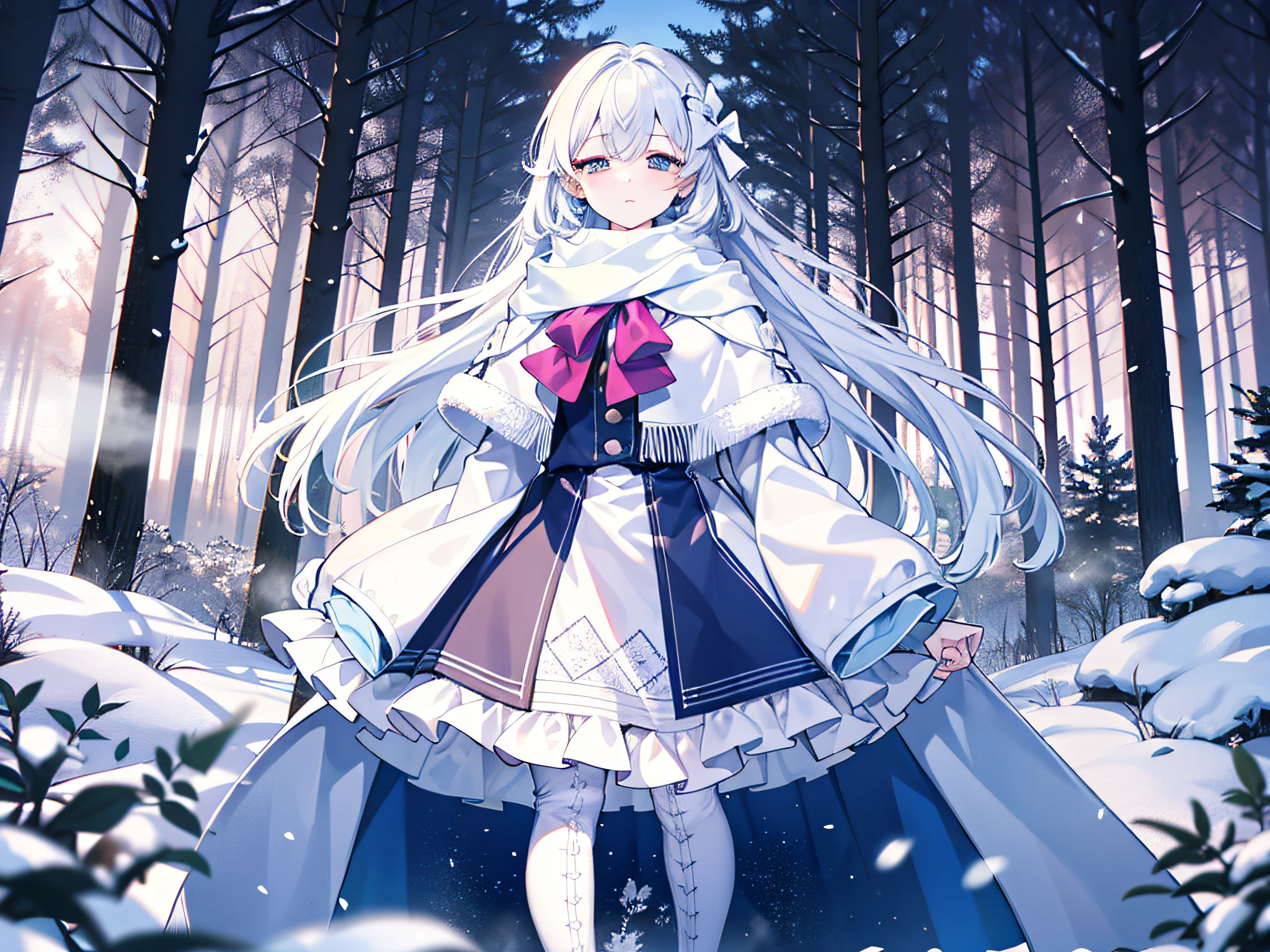 Light blue eyes,Princess cut,whaite hair,White thigh boots,White Gothololita,White over-the-knee stockings,white bows,Full body like,sweeping bangs,Semi-closed Eyes,Long white scarf,ln the forest,the night,at winter season,tmasterpiece,4K,Award-winning photos,extremely detaile,finely detailled,Highly detailed woman,s girl,Extremely detailed eyes and face,best qualtiy,Indifferent expression,standing on your feet