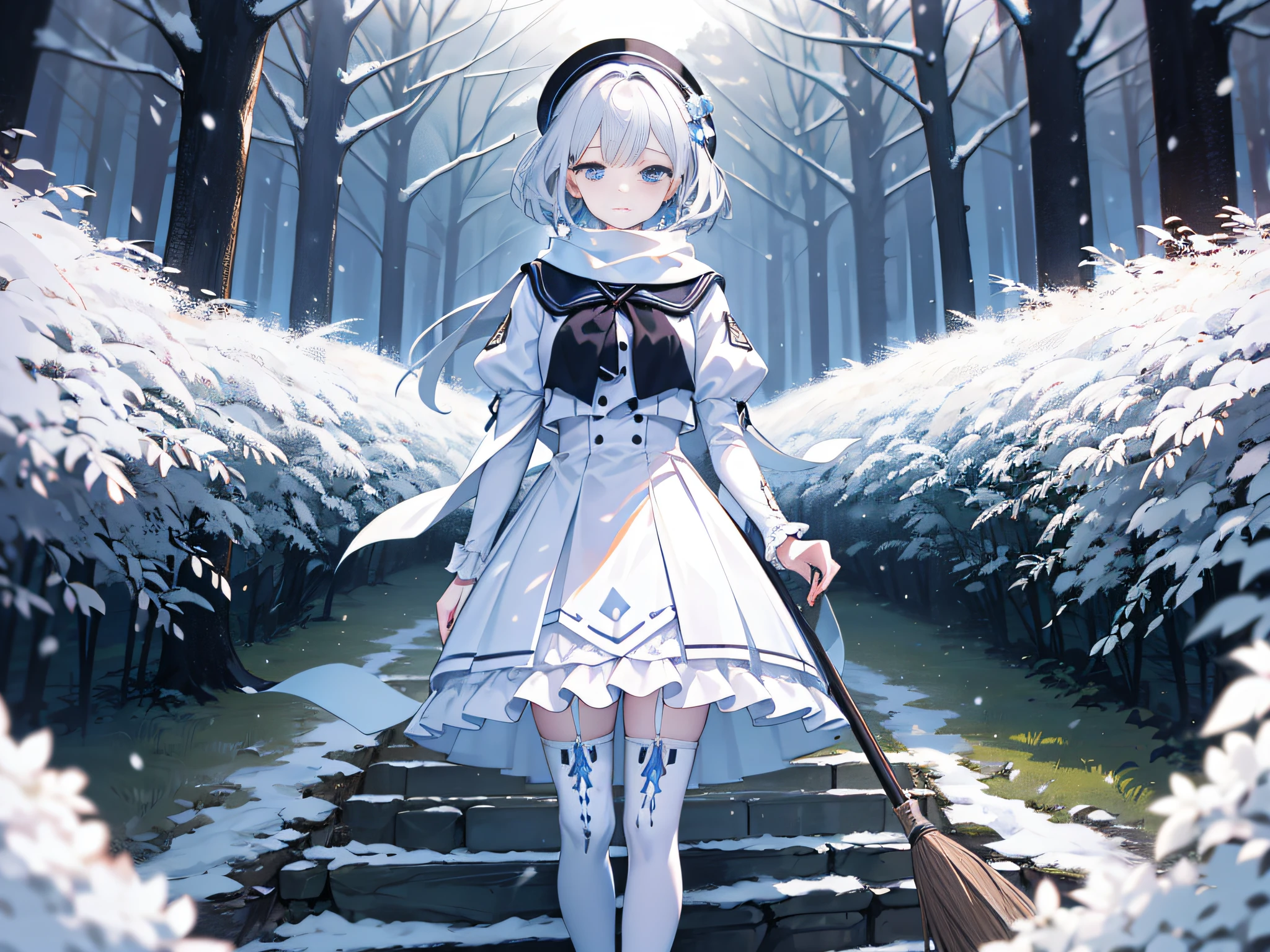 Light blue eyes,Princess cut,whaite hair,White thigh boots,White Gothololita,White over-the-knee stockings,white bows,Full body like,sweeping bangs,Semi-closed Eyes,Long white scarf,ln the forest,the night,at winter season,tmasterpiece,4K,Award-winning photos,extremely detaile,finely detailled,Highly detailed woman,teens girl,Extremely detailed eyes and face,best qualtiy,Indifferent expression,standing on your feet