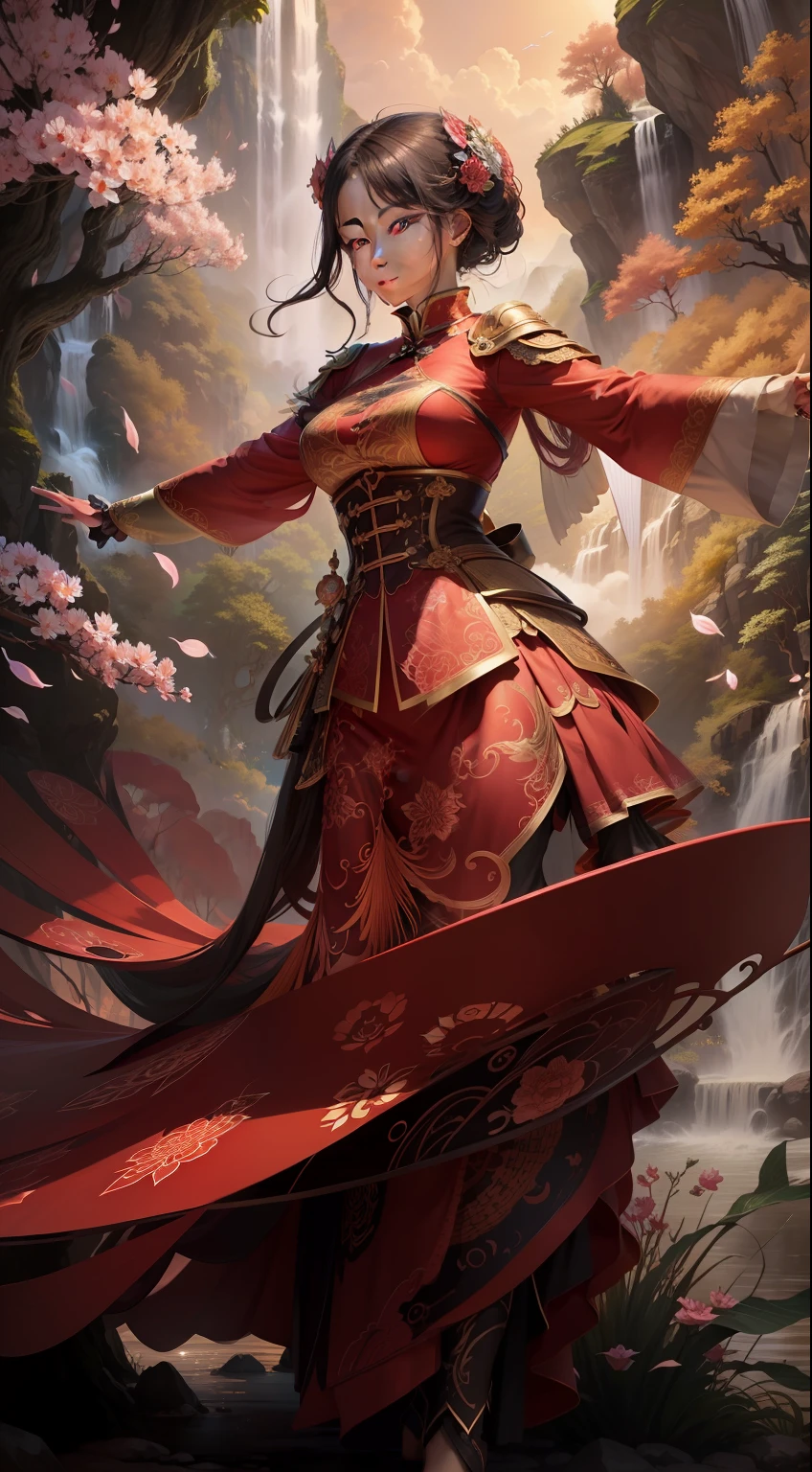 offcial art，统一 8k 壁纸，ultra - detailed，Beauty and aesthetics，big breasts beautiful，tmasterpiece，Best quality at best，（zentangle，datura，Tangles，entangled），（ecstasy of flower：1.2）dynamic angle，cowboyshot，The most beautiful form of chaos，ellegance，Fauvistdesign，vivd colour，romanticism lain，atmospurate，pretty  face，ChineseGirl，heroic look，Peach blossoms in the sky，Behind you is a waterfall --auto
