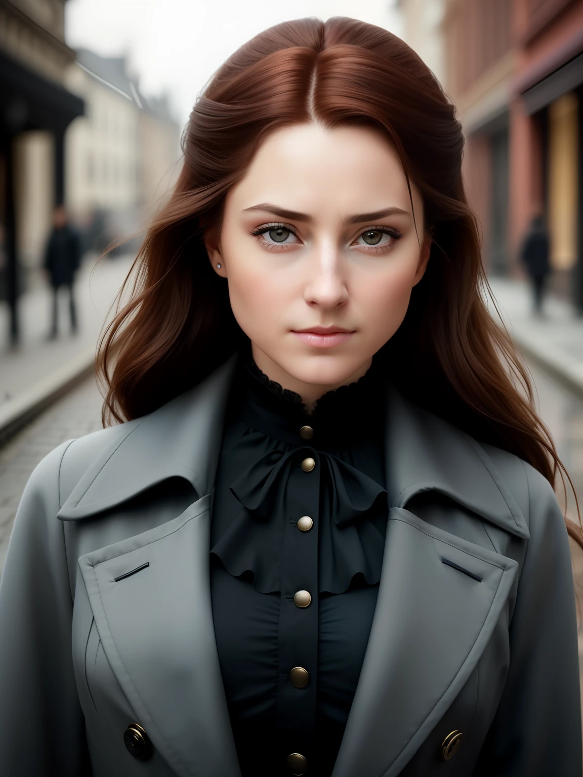 young woman in victorian blouse and cashmere coat, focus on her eyes, on London street, 4k textures, soft studio light, natural (eyes, skin and hair) texture, (insane details:1.3), 50mm, ISO 400, sharp focus, (cinematic look), depth of field, intricate, hdr, (cinematic film a still from the movie "The Devil's Advocate":1.2), (hyperrealism:1.5)