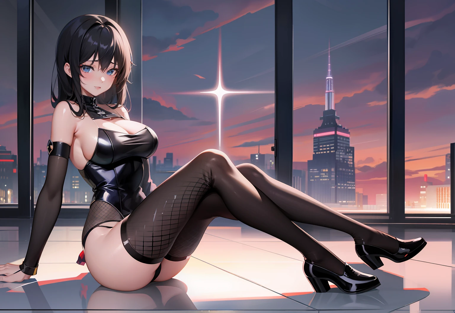 Anime girl sitting on the floor，Legs crossed，Legs crossed,Black fishnet stockings,Smooth anime CG art,  anime girls, Best anime,4k pool wallpaper, beautiful anime girl crouching,beautiful and  anime woman, trending on cgstation