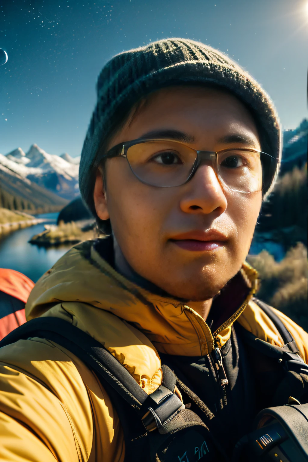 1 Man ((Upper Body Selfie, Happy)), Masterpiece, Best Quality, Ultra Detailed, Solo, Outdoor, (Night), Mountains, Nature, (Stars, Moon) Cheerful, Happy, Backpack, Sleeping Bag, Camping Stove, Kettle, Hiking Boots, Gloves, Sweater, Hat, Flashlight, Forest, Rock, River, Wood, Smoke, Shadow, Contrast, Clear Sky, Simulation Style (View Audience: 1.2) (Skin Texture) (Film Grain: 1.3) , (Warm Colors, Warm Colors)