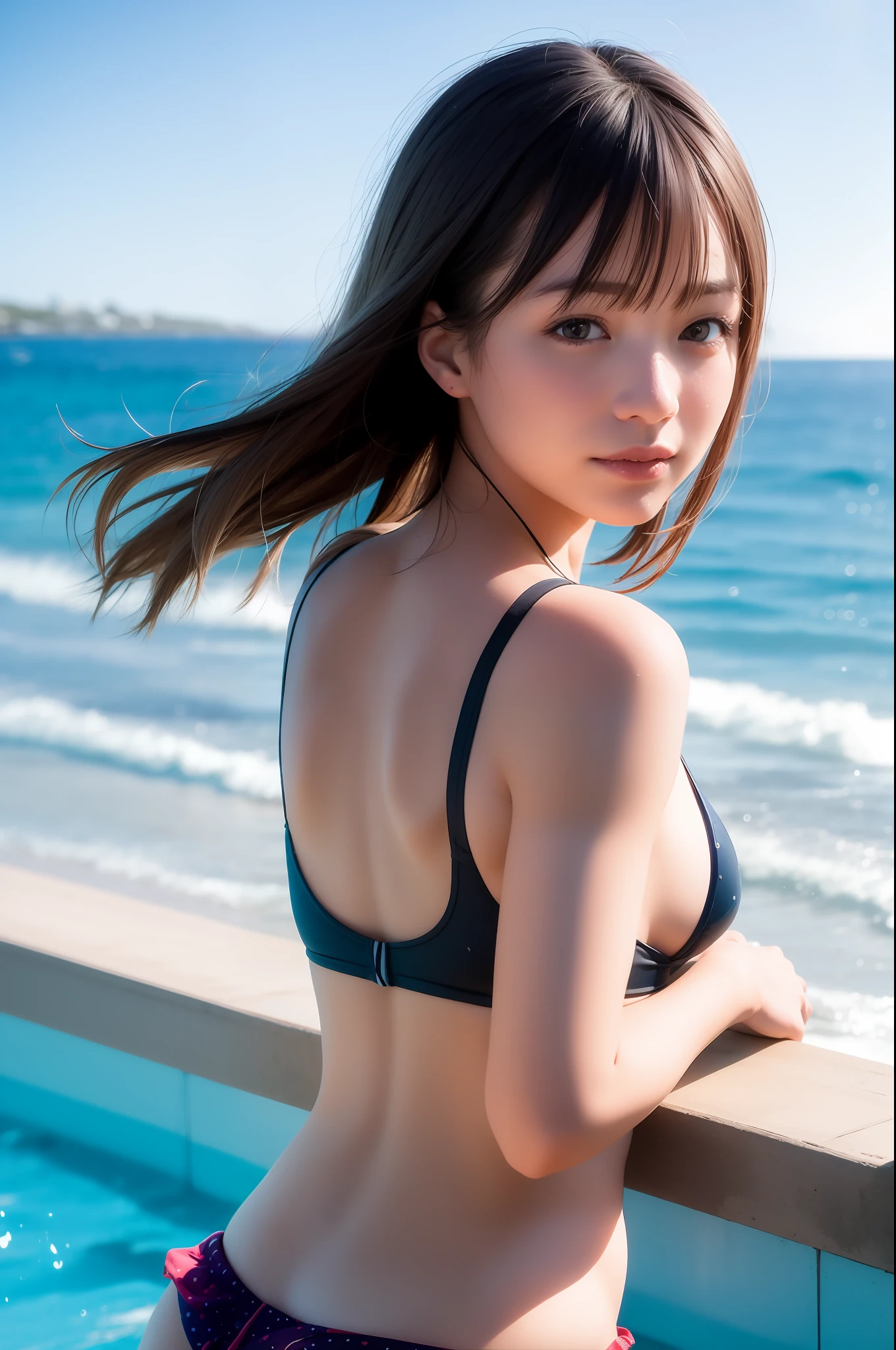 Top quality, Masterpiece, (Realistic:1.2), Beach, Swimsuit, Upper body, Sunlight, Big splash, Solar flare