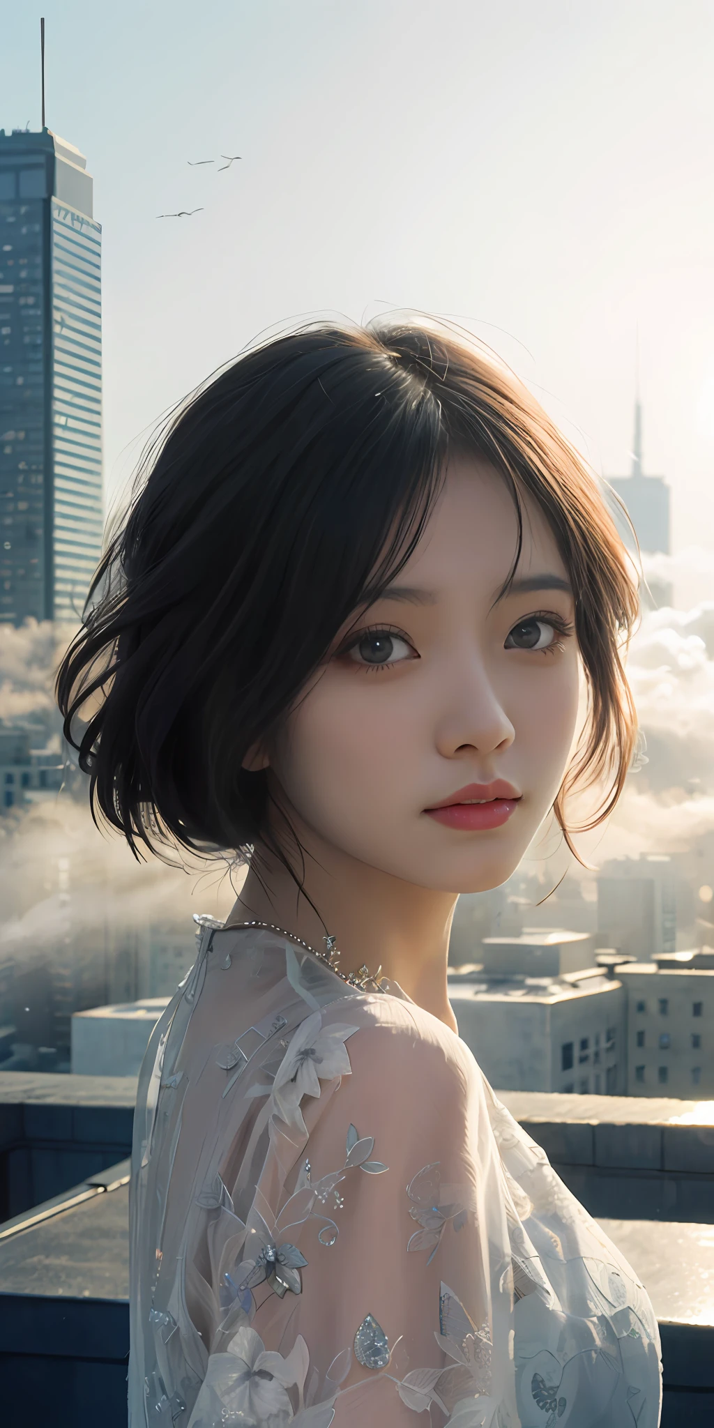 (1girll:1.3), 独奏, (((very vey very detailed face))),((very detailed eyes and faces))),beatiful detailed eyes,Body parts__,offcial art,Unified 8k wallpaper,ultra-detailliert,Beautiful and beautiful,big breasts beautiful,tmasterpiece,best qualtiy,primitive,tmasterpiece,ultra fine photos,best qualtiy,超高分辨率,photorealistic realism,rays of sunshine,full-body portraits,stunningly beautiful,,dynamicposes,delicated face,Bigchest,Vibrant eyes,(From the front side), Very detailed city roof background, Roof,looking over city,详细的脸,detailed complex busy background,Untidy,opulent,milkyW,highly detailedskin,Realistic details of skin,Visible pores,Clear focus,volume fog,8K UHD,digital SLR camera,high qulity,filmgrain,White skin of the,photo-realism,DL,A huge metropolis of the dystopia of the future, semi transparent