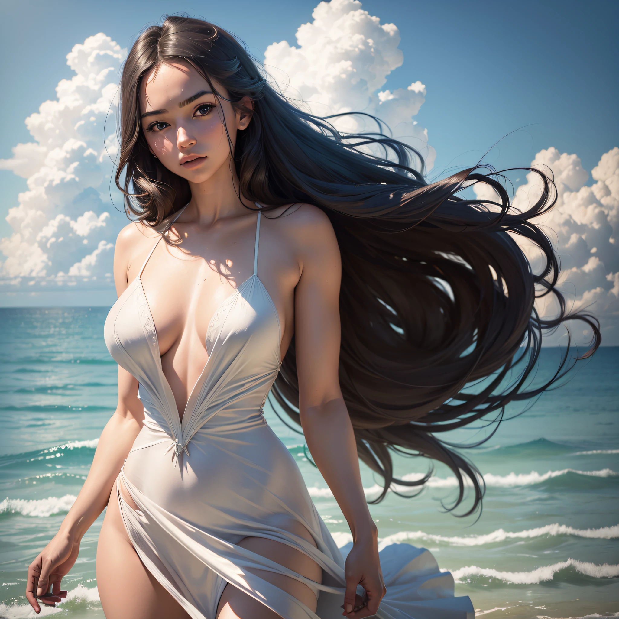 (masterpiece, realistic:1.4), (extremely intricate:1.2), close shot , portrait, (upper body:1.2), (from front:1.3), backless dress, (long dress:1.2), very long hair, breasts, bare shoulders, sky, ocean, water, looking at viewer, italian, head tilt, wind, cloud, sunlight, outdoor, 1girl, solo, cinematic light, ultra high res, 8k uhd, film grain, perfect anatomy, exquisitely detailed skin, best shadow, delicate, RAW, highres, clean lines, --auto
