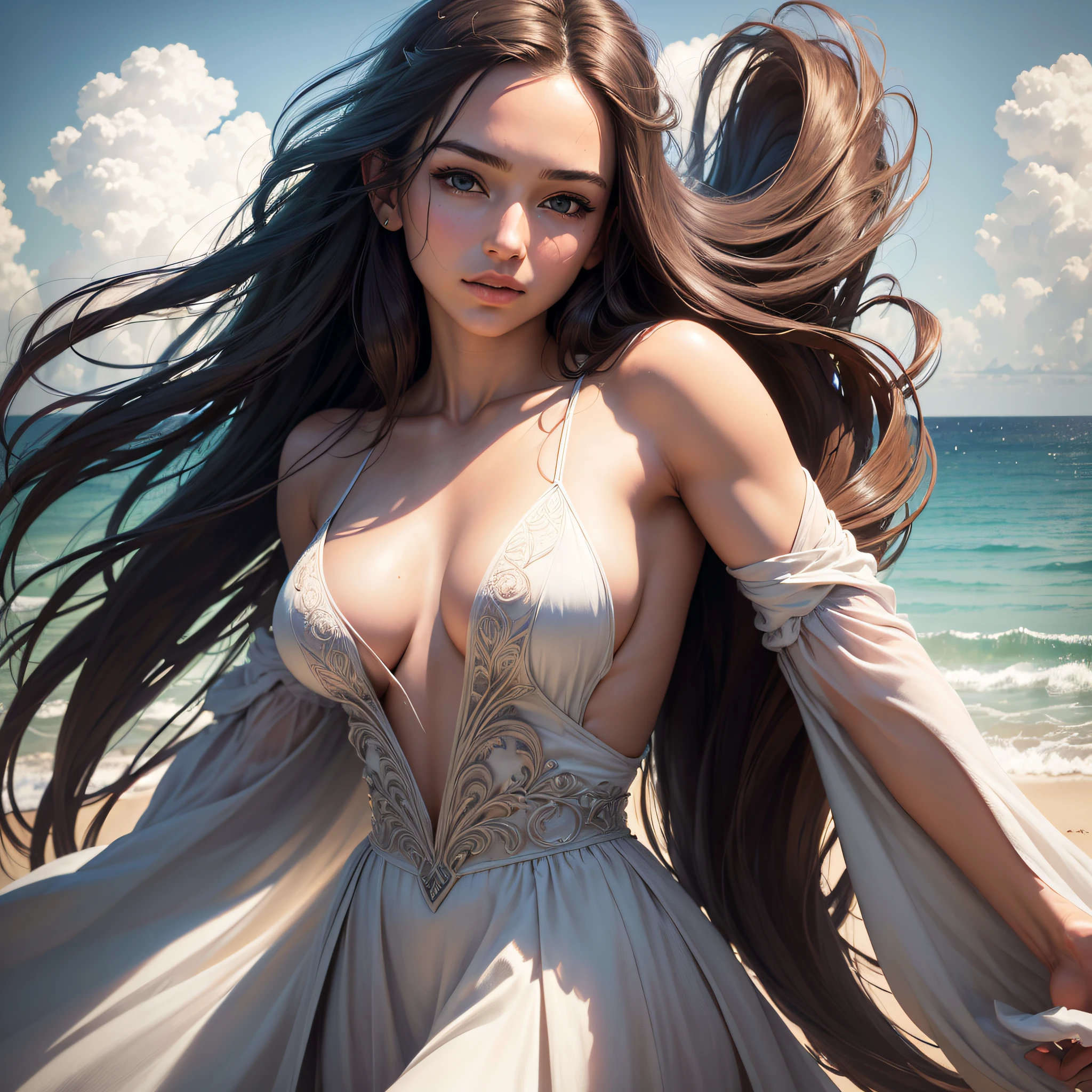 (masterpiece, realistic:1.4), (extremely intricate:1.2), close shot , portrait, (upper body:1.2), (from front:1.3), backless dress, (long dress:1.2), very long hair, breasts, bare shoulders, sky, ocean, water, looking at viewer, italian, head tilt, wind, cloud, sunlight, outdoor, 1girl, solo, cinematic light, ultra high res, 8k uhd, film grain, perfect anatomy, exquisitely detailed skin, best shadow, delicate, RAW, highres, clean lines, --auto