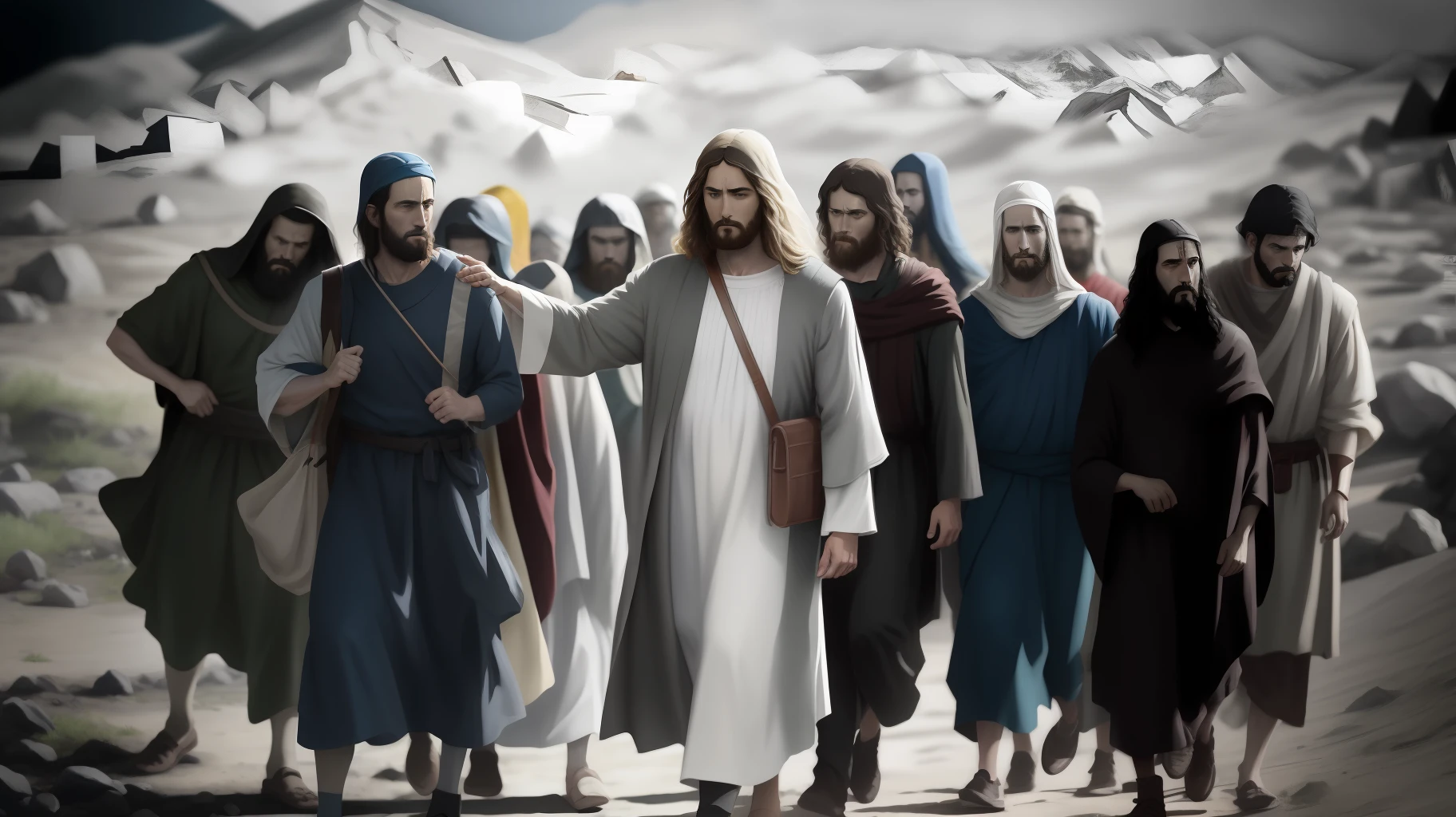 Jesus caminha no meio de pessoas, bible illustration, epic biblical representation, imagem super realista, cinematic lighthing, beautiful depiction, Realistic, 4k, HDR