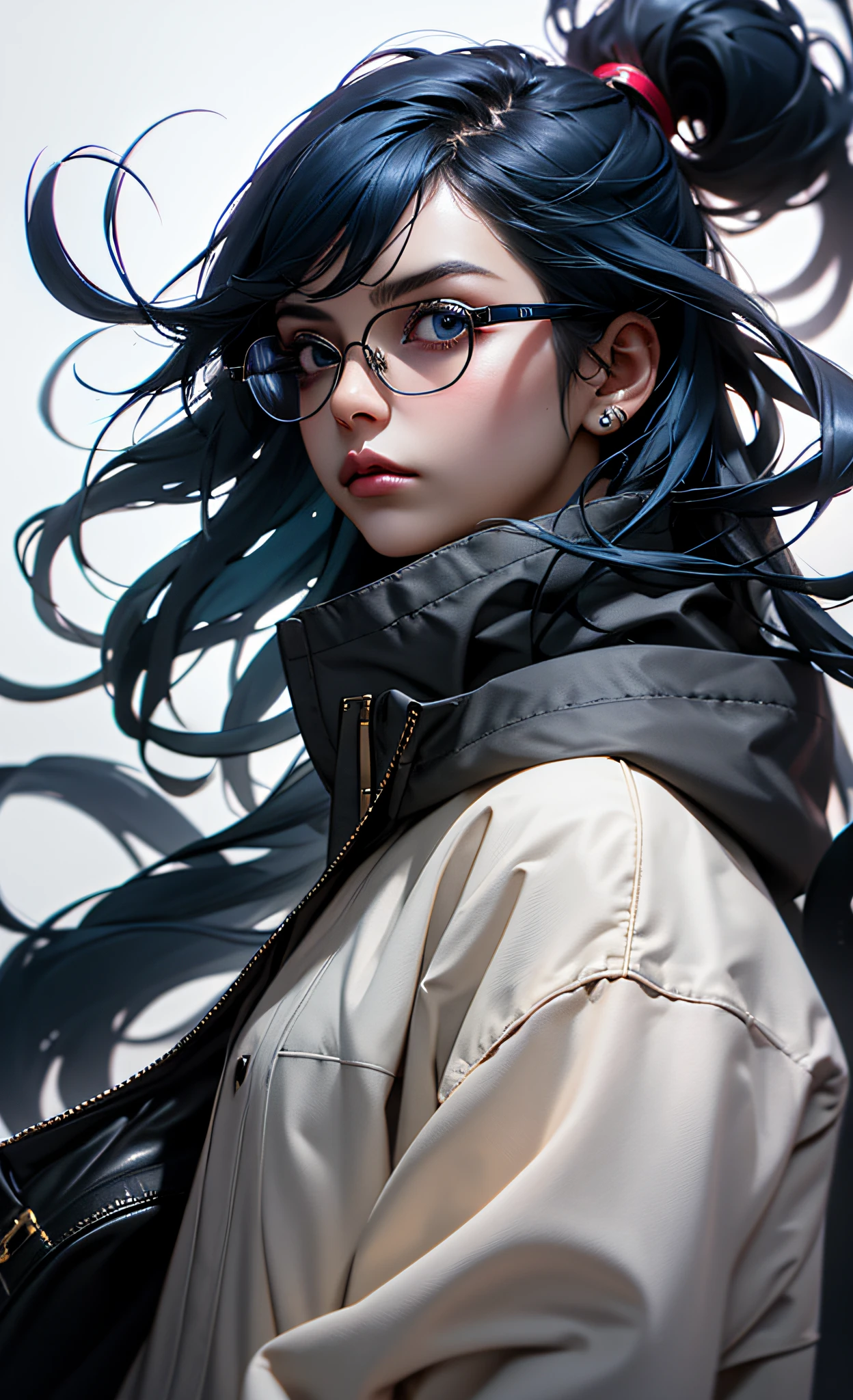 Masterpiece, Best Quality, 1girl, Blue hair, Medium Hair, Oversized jacket, oversize clothes, Shirt, breeches, eyeglasses, Jewelry, handbag, (Simple background:1.1), fashion editorial, dramatic lighting