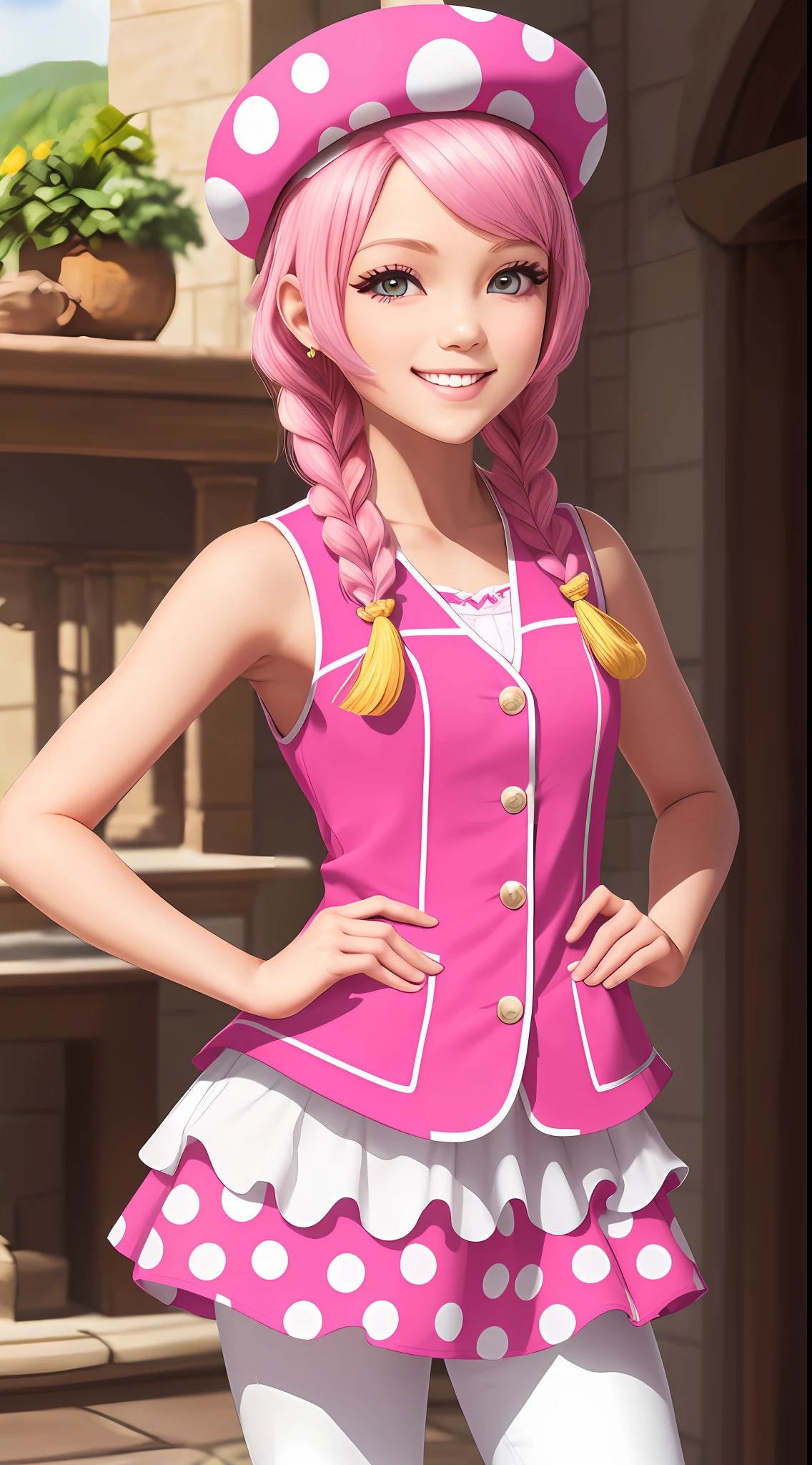 (Inside a castle setting,)  Toadette, close shot, she wears a sleeveless pink dress with a thin white line near the lower portion. Layered on top of the dress is a bright red vest with a yellow trim lining. Underneath this she wears white pants and brown padded shoes along with pink hair. She has a pink cap with white spots and has a unique set of braid-like plaits. She is happy and sensitive with a smile on her face