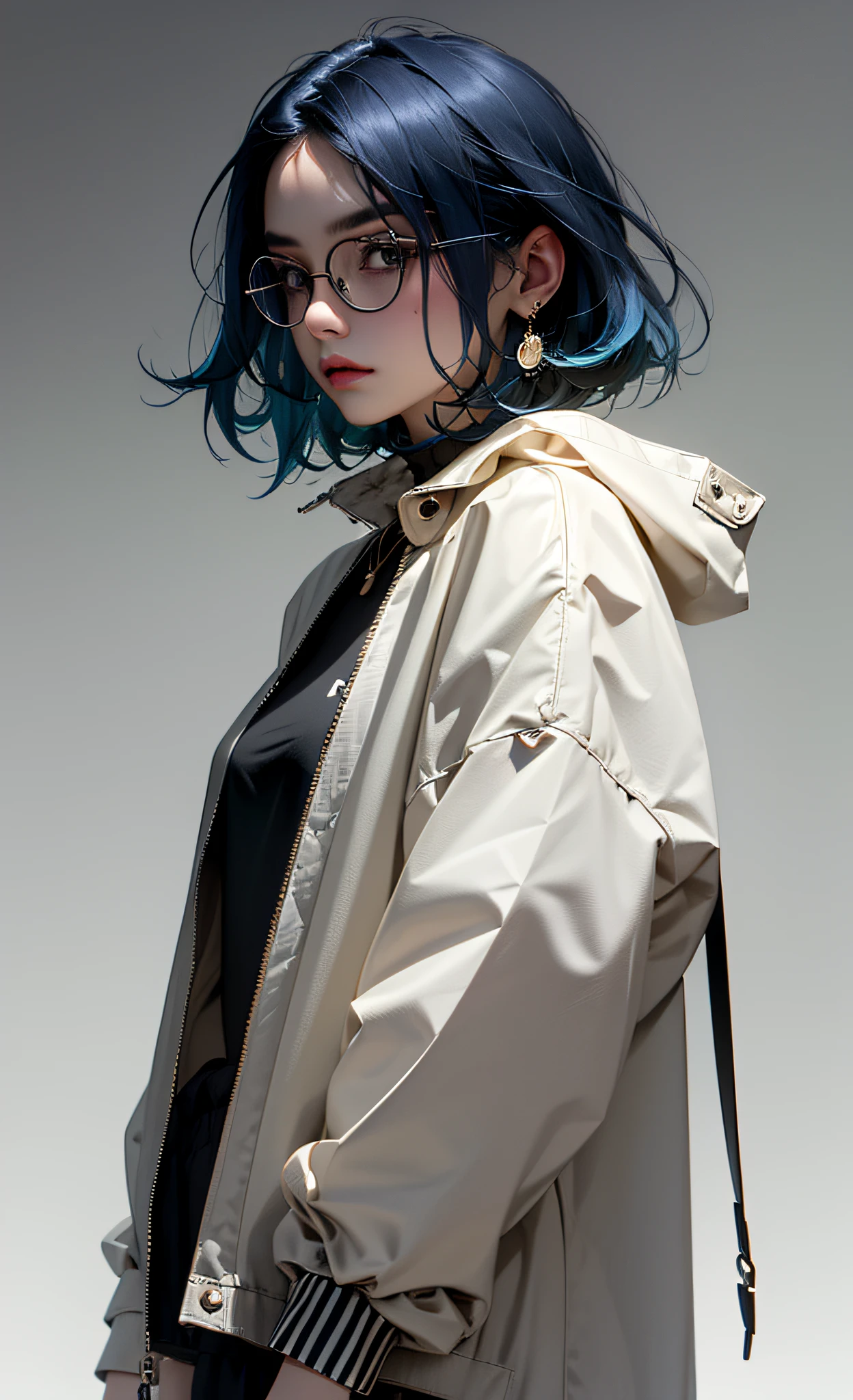 Masterpiece, Best Quality, 1girl, Blue hair, Medium Hair, Oversized jacket, oversize clothes, Shirt, breeches, eyeglasses, Jewelry, handbag, (Simple background:1.1), fashion editorial, dramatic lighting