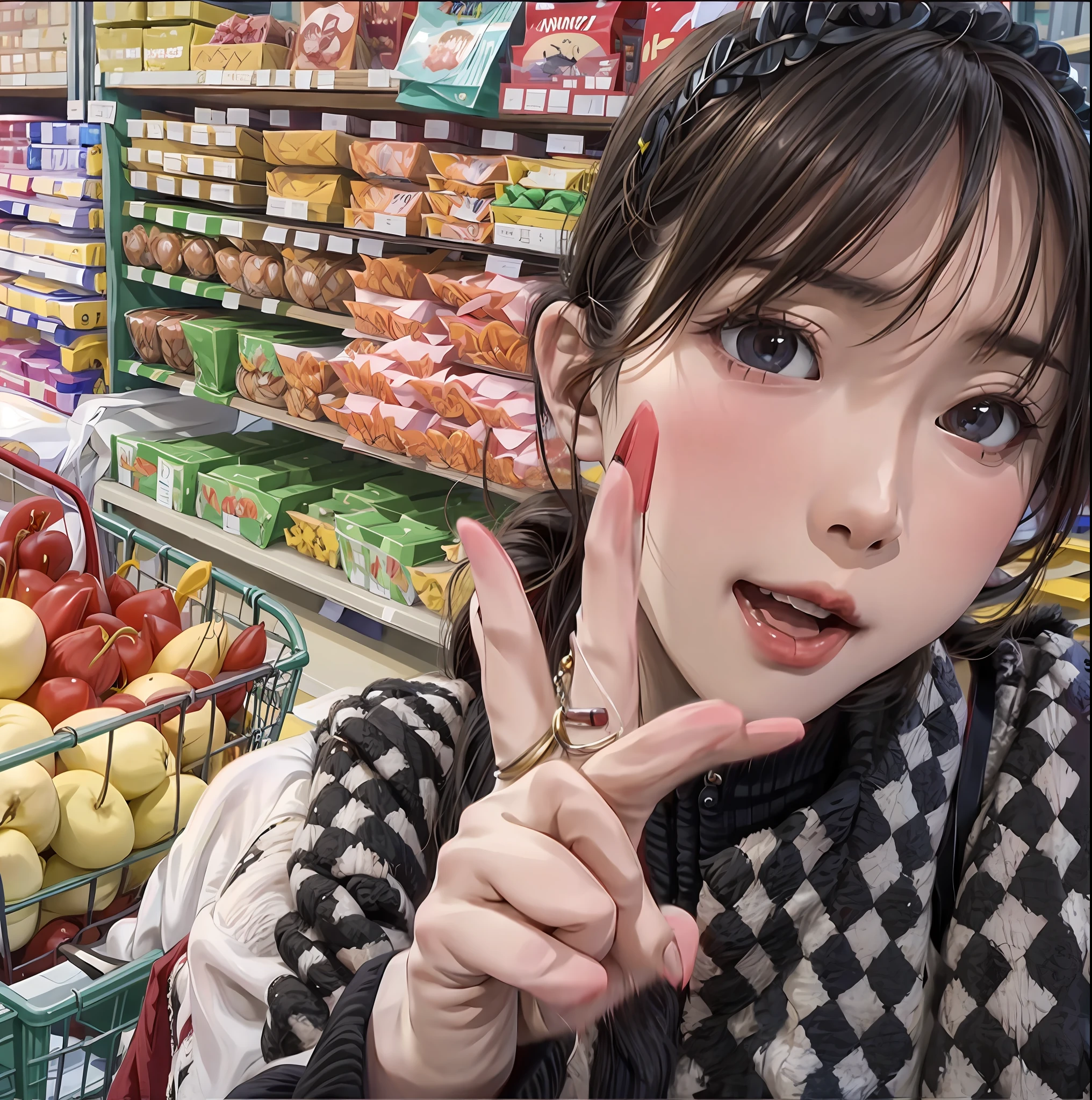 Aalfid woman in a grocery store,Holding a shopping cart and a basket of fruits, lalisa manobal, ulzzangs, chiho, dang my linh, xintong chen, shikamimi, ❤🔥🍄🌪, gongbi, Ruan cute vtuber, kanliu666, personal profile picture, Profile picture