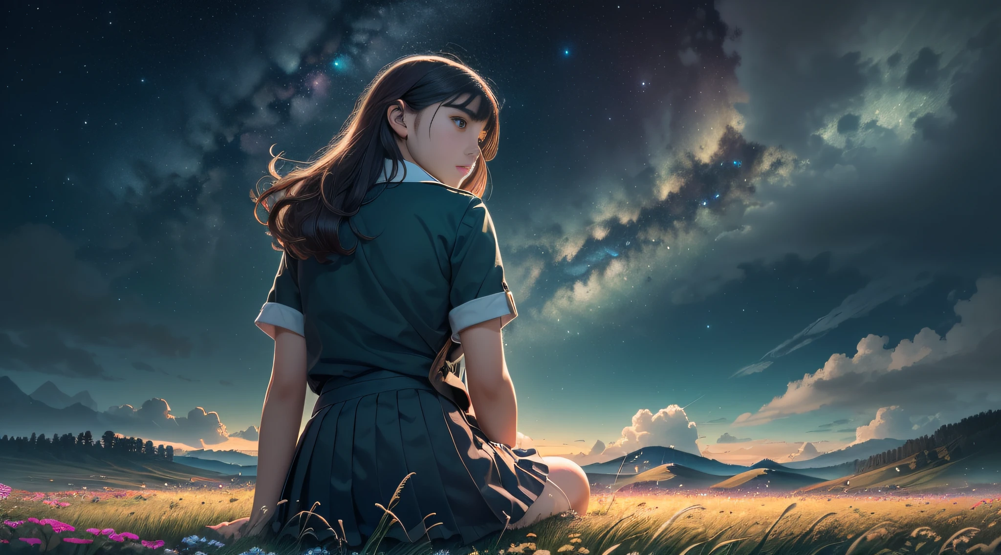(masterpiece), (best quality), (ultra-detailed), (Amazing:1.1), 12mm f2.8 lens, night view, starry skies fantasy, ((((full body), back shot, sitting))), ((((A high school girl with a full body back shot in the wilderness)))), (((((she's looking over the horizon))))), ((A beautiful high school girl lost in a surreal world of dreamlike landscapes)), (17 yr old), (((An over the horizon grassy road))), wind flow, flowers bloom, (((wearing simple school uniform))), black hair, 8 life size, detailed hairstyles, detailed bodyline, (((fantasy))), frontier, surrealism, (magnificent space), concept art, raw, wallpaper, poster, sharp focus, hyperrealism, crystalline, perfectionism, 4k UHD,