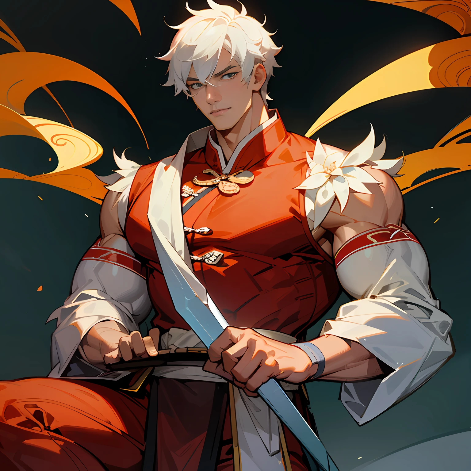 Highest accuracy,Muscular man wearing ancient Chinese clothing,laying on their back,Lower body erection,Lower body details,Thick pubic hair,Handsome face,Short white hair,Sword in hand,The background is a Chinese-style building,China-style,Martial arts style