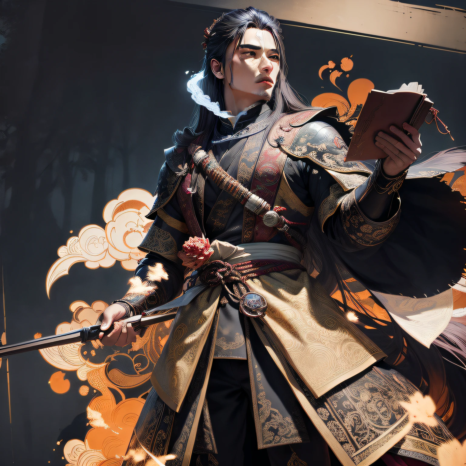 Jin Sakai, ultra detailed young man jwith long hair wearing detailed and intricate ancient clothes, in ancient cherry orchard portrait, glowy red smoke art merged with art nouveau, ink lines, 32k resolution, best quality in the style of video game Ghost of Tsushima. --auto