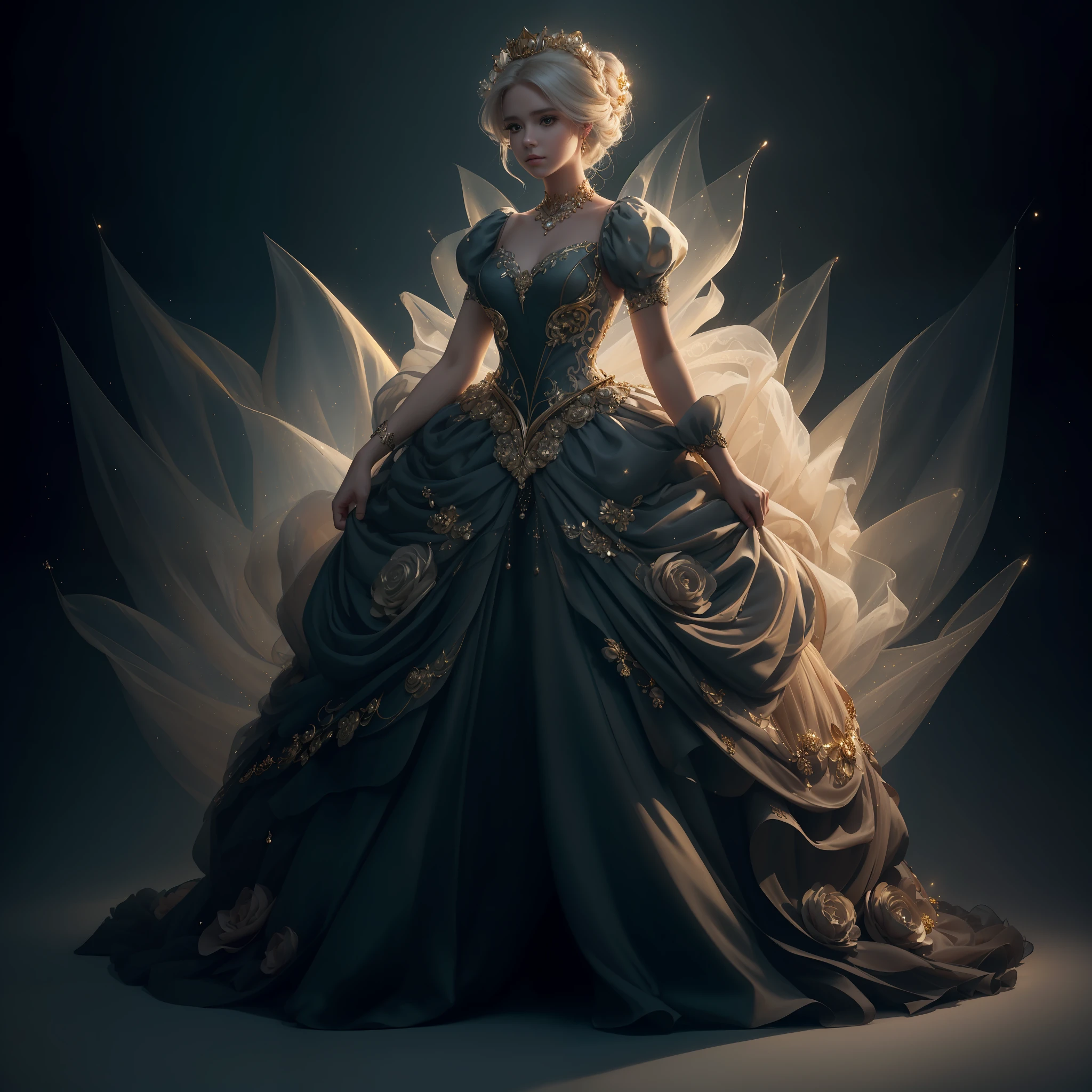 a hyper realistic photograph of a girl standing wearing a majestic light beige and gold ball gown dress, big beautiful dress, intricate puffy ball gown with lots of ruffles and rhinestones (Best quality, masterpiece, ArtStation, Fantasy Art:1.2), a palace room, a beautiful cute girl, (long white hair:1.1), (intricate short gold skirt, bare legs:1.2, full body shot)