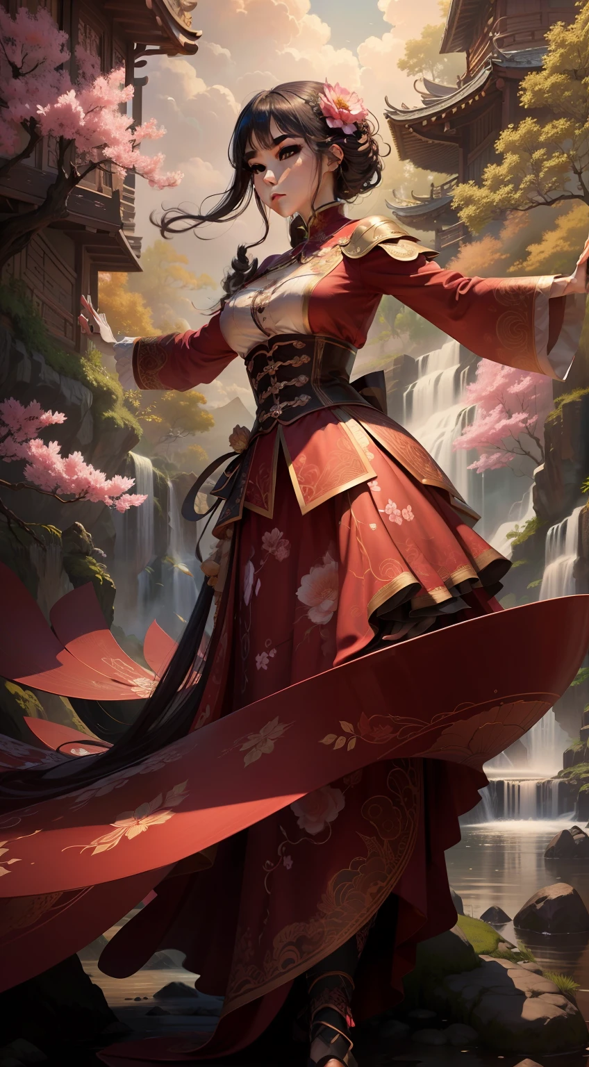 offcial art，统一 8k 壁纸，ultra - detailed，Beauty and aesthetics，big breasts beautiful，tmasterpiece，Best quality at best，（zentangle，datura，Tangles，entangled），（ecstasy of flower：1.2）dynamic angle，cow boy shot，The most beautiful form of chaos，ellegance，Fauvistdesign，vivd colour，romanticism lain，atmospurate，pretty  face，ChineseGirl，heroic look，Peach blossoms in the sky，Behind you is a waterfall，Detailed facial expressions，k hd，Clear patterns on clothes --auto