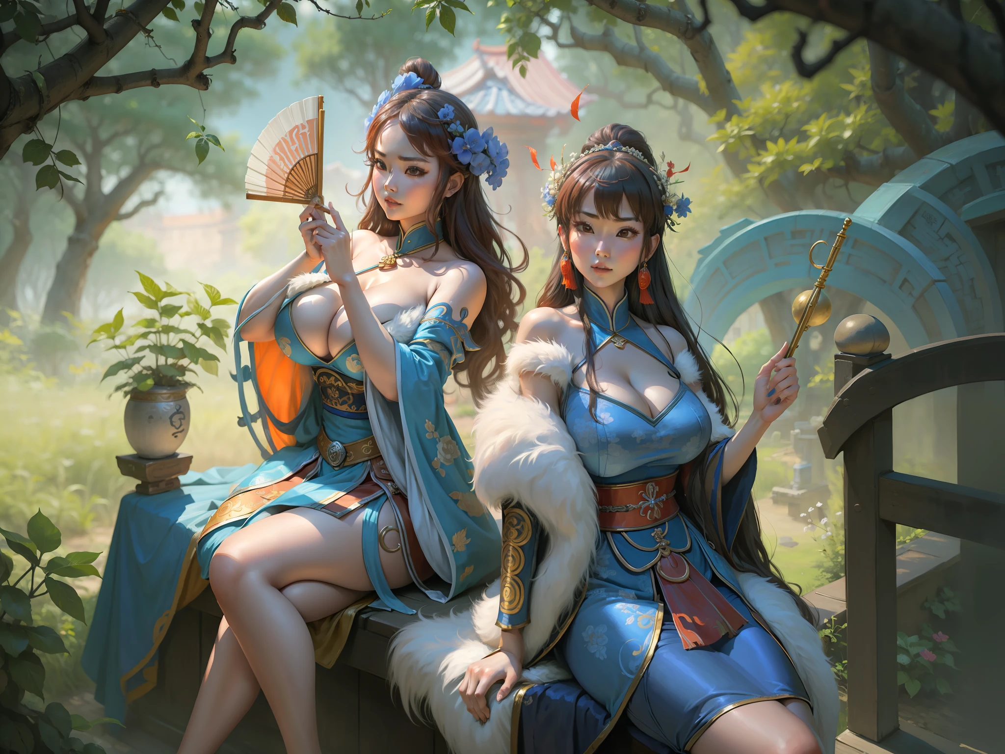 The image of Big Qiao and Little Qiao in the Romance of the Three Kingdoms ，Raised sexy，long leges，show legs，gigantic cleavage breasts，With a fan in his hand and a flute in his hand, the other is enchanting，seduce，tmasterpiece，HighestQuali，Highest high resolution，beautifullegs，Two girls