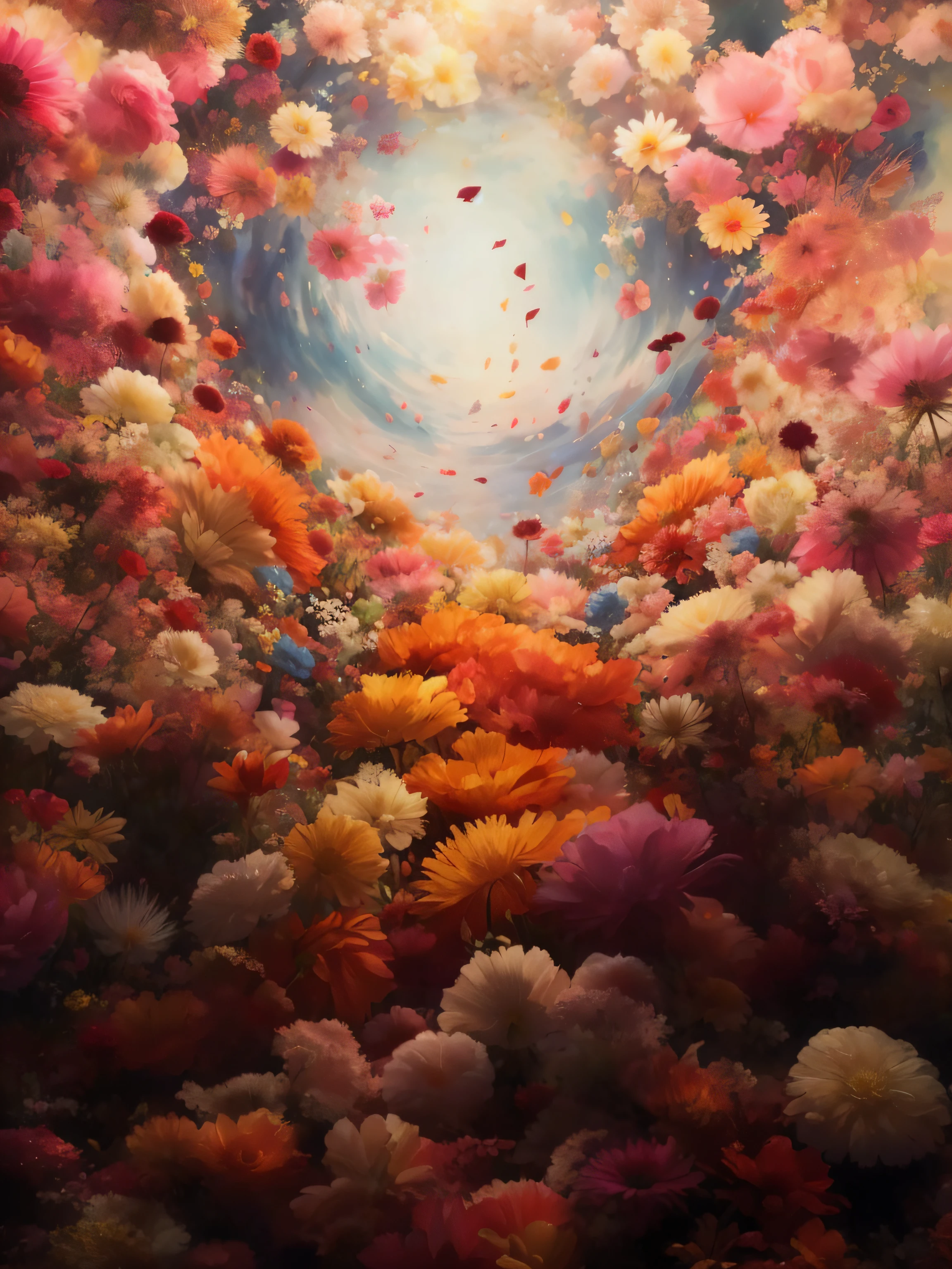Close-up of a flower painting with the sky as a background, Inspired by Kim Kiefer, author:Kim Kiefer, floral environment, surreal waiizi flowers, Flowers explode, Colorful flowers explode, flowers exploding and spraying, magical colorful flowers, Beeple e James Jean, inspired by Alexandre-Évariste Fragonard, Beautiful art UHD 4 K