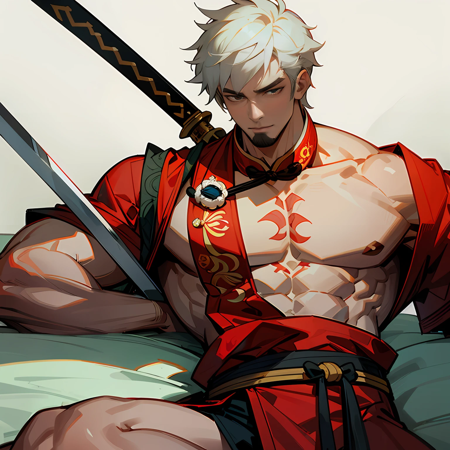 Highest accuracy，Muscular man wearing ancient Chinese clothing，laying on their back，Lower body erection，Lower body details，Thick pubic hair，Handsome face，Short white hair，Sword in hand，The background is a Chinese-style building，China-style，Martial arts style