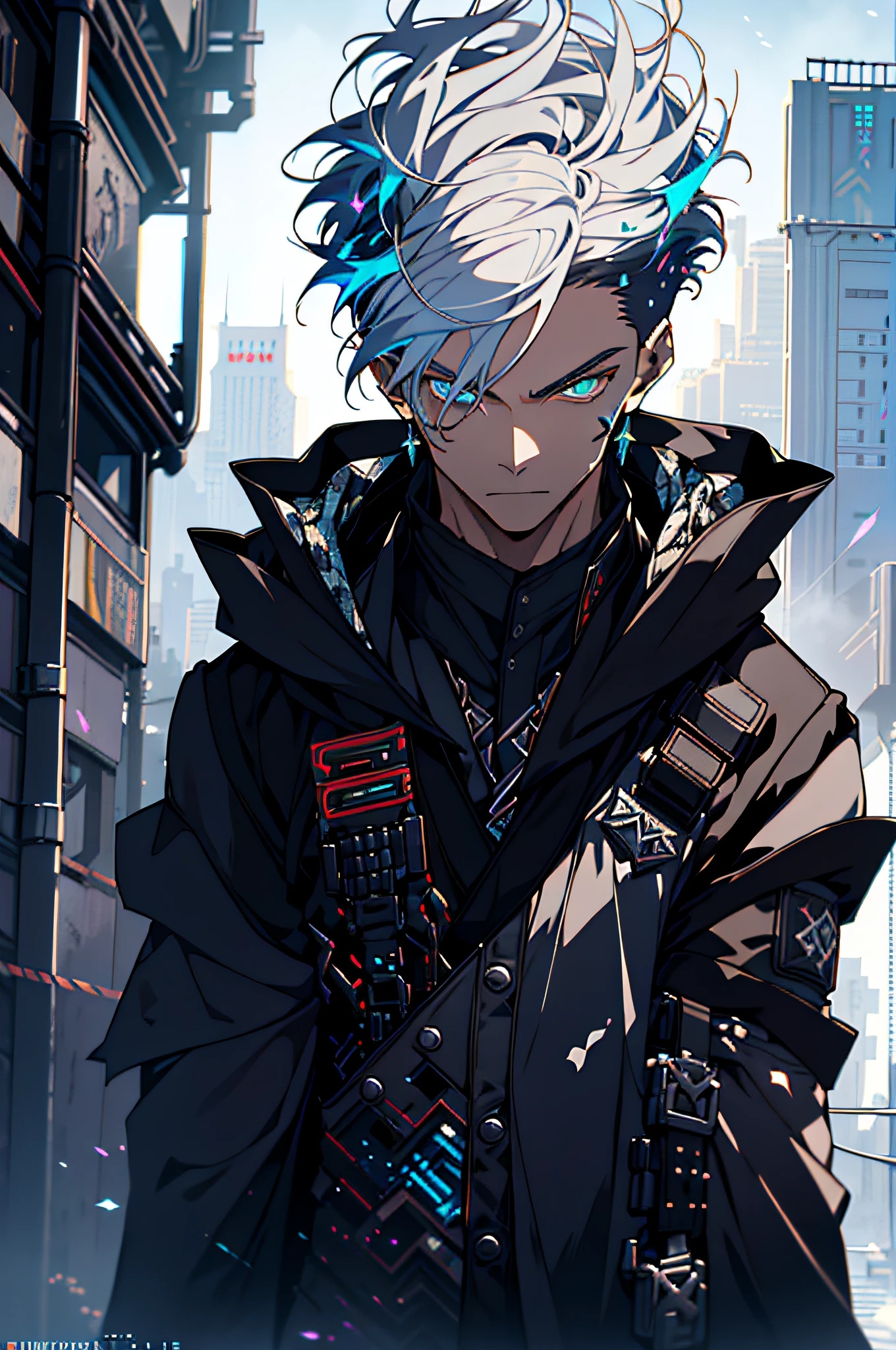 Cyberpunk male, fantasy world, dark background, clean design, epic instagram, artstation, colorful paint splatter, silhouette, hyper detailed intricate details, unreal engine, fantasy, intricate details, splash screen, complementary colors, Fantasy concept art, 8k resolution, deviantart masterpiece, oil painting, heavy strokes, paint dripping, (isolated on white background: 1.3), rainbow skin, (((handsome young man))), ((teenage:1.5) ), (glowing blue eyes), ((light eyes)), ((((short white hair: 1.1))), ((black clothes)), (prince\\(indifferent expression\\),, ( ((Wears high detail luxurious black robe))), white hair, frost magic, ((chest) --v 6