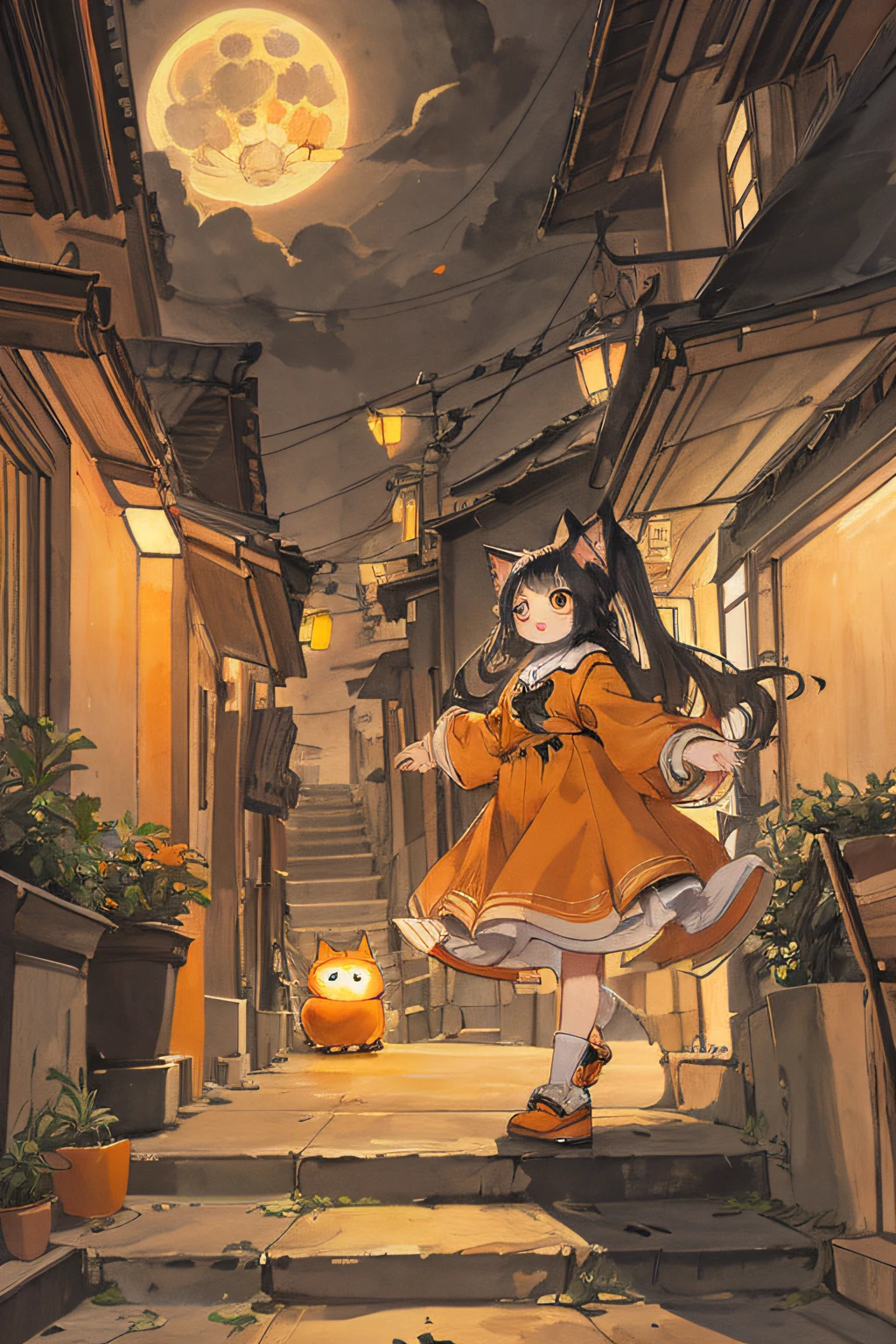 cat,orange,cute,big eyes,masterpiece,full moon,alley