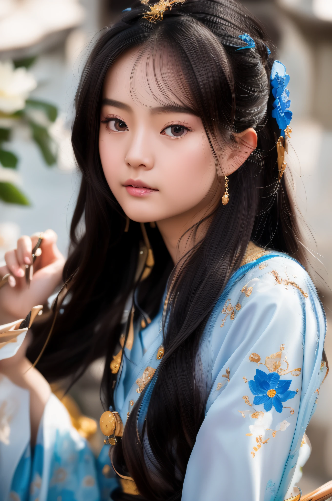 alafed asian woman，Long black hair and blue dress, Guviz-style artwork, Palace ， A girl in Hanfu, Guviz, Realistic. Cheng Yi, author：Zhang Han, Soft portrait shot 8 K, Chinese girl, beautiful portrait image, Traditional beauty, detailed portrait of an anime girl, detailed face of a asian girl