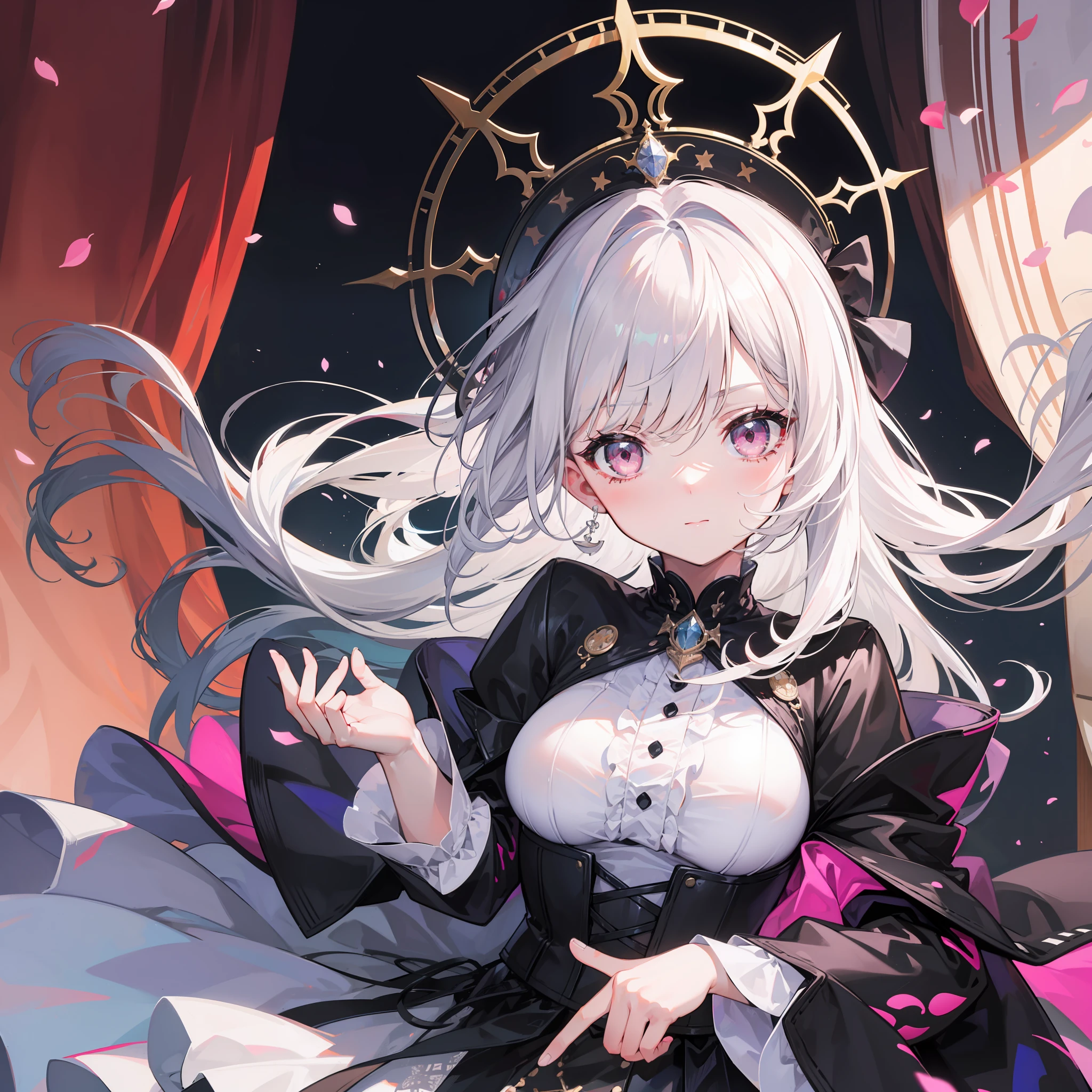 One girl、Head dress、White blouses、Black corset、Skirt with lots of lace、White hair、Pink eyes、Long half-twin hairstyle、Face Up、icons