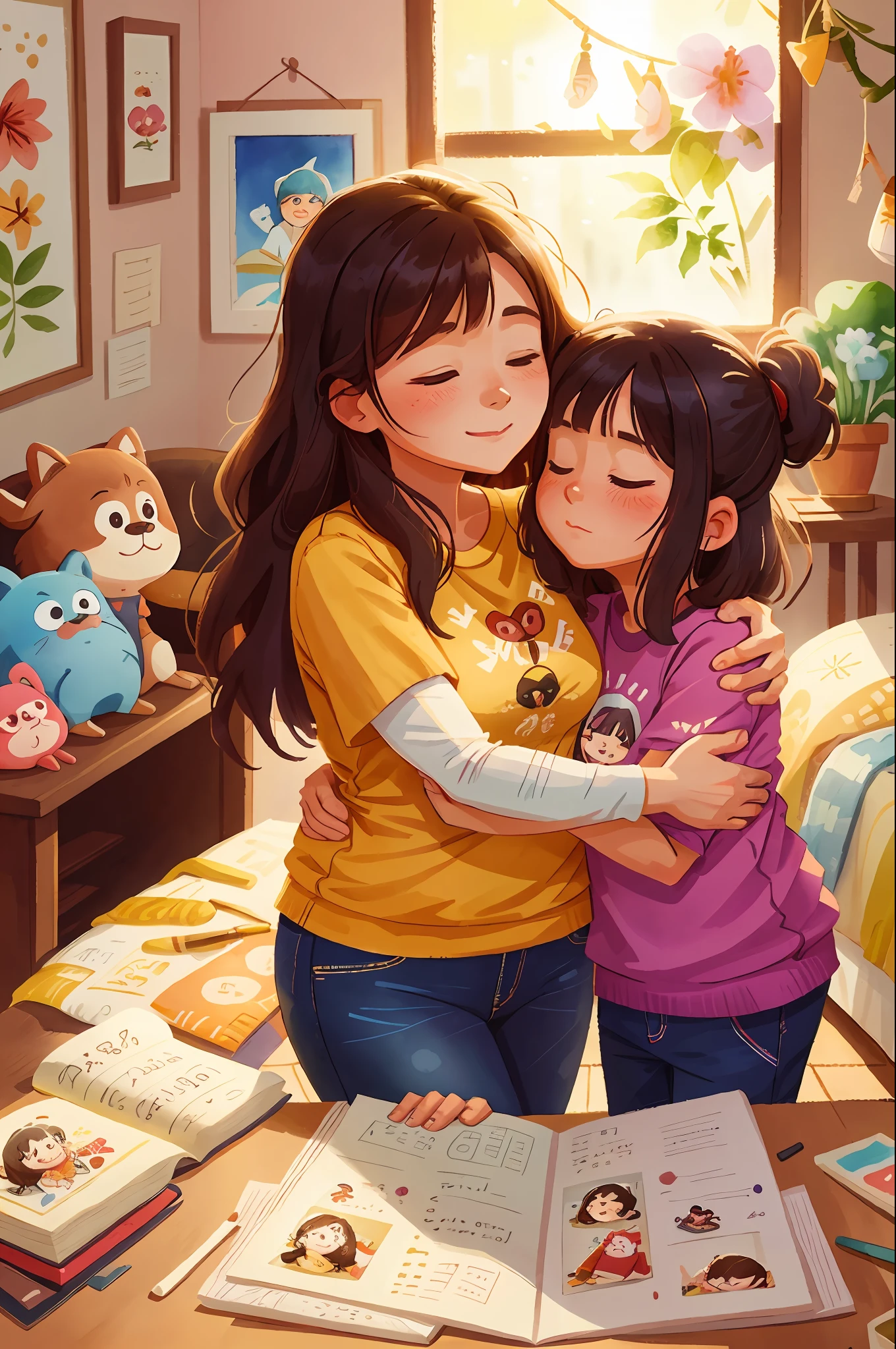 A 60-year-old mother hugs her 30-year-old daughter，and says：Good job，You are really great（Amanda Clark和A. j. Watercolor illustration by Carson）Bedrooms，hugs
