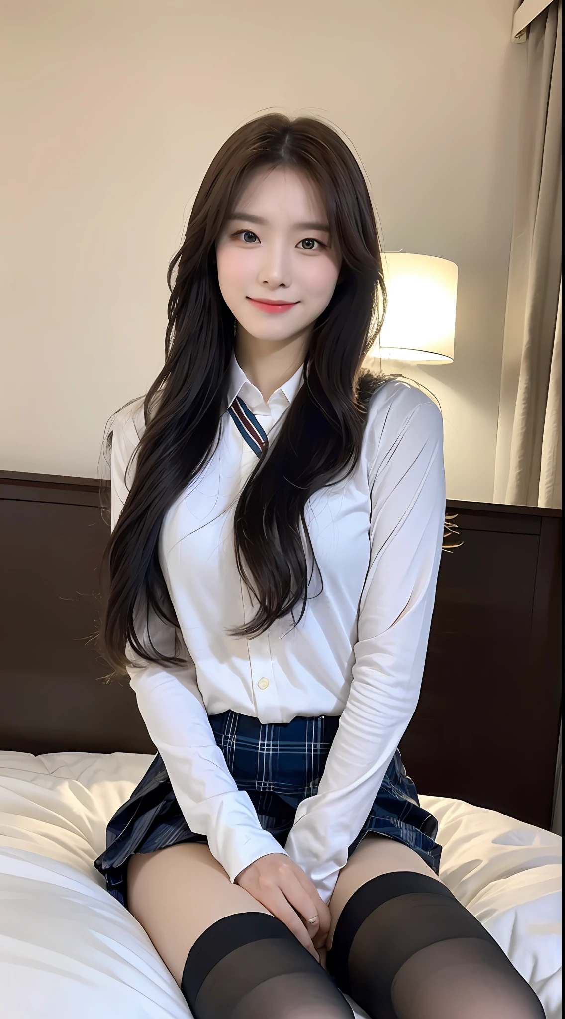 (1 Korean star with royal sister style), ((Best quality, 8K, 巨作: 1.3)), focal point: 1.2, Perfect body proportions: 1.4, (Make a smile),  （Ray traching）,Watery eyes, Highly Detailed Face and Skin Textur, Fine eyes, Double eyelids, Whitens the skin, (long whitr hair, Air bangs: 1.3), (face round: 1.5), (Student uniform: 1.4), (duck sitting，sit on a bed: 1.6),(black lence stockings: 1.4),(Preppy style:1.4)