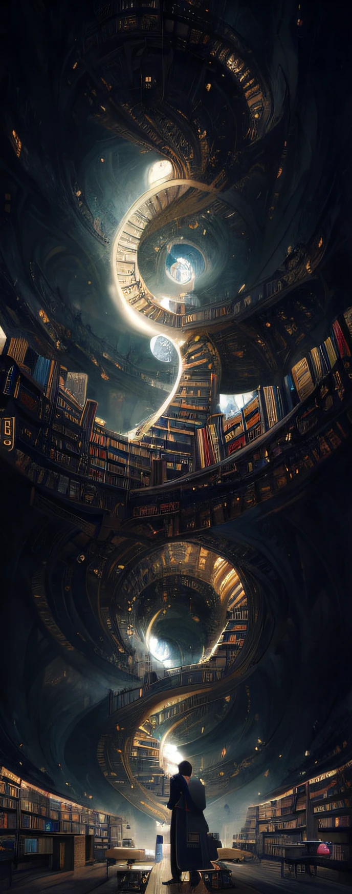 arafed image of a man standing in a library with books, endless books, borne space library artwork, books cave, fantasy book illustration, spiral shelves full of books, infinite celestial library, an eternal library, gothic epic library concept, magic library, japanese sci - fi books art, beeple and jean giraud, books all over the place