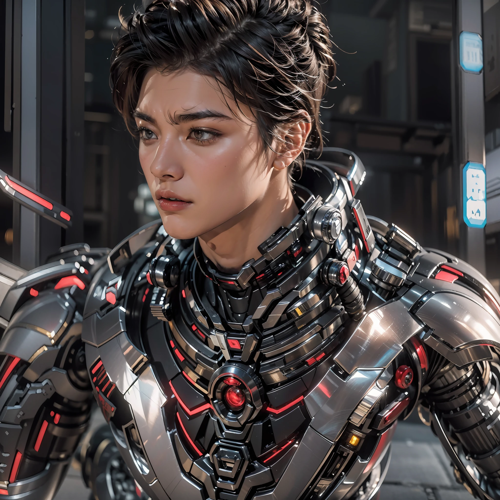 1boy ，Perfect facial features，Handsome face，Put on a metal mech in Spider-Man-style，Machinary，Mecha，Photorealsitic，metalictexture，Metal armor，eyes looking at the lens，best qualtiy，c4d渲染，rendering by octane，Cinematic quality，tmasterpiece，16k