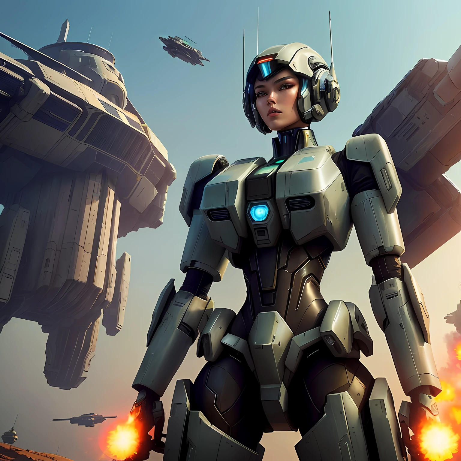 There was a woman dressed in futuristic clothes who looked like Tong Liya's star standing in front of the spaceship, Girl in mech, Wearing a sci-fi bikini, sci fi female character, epic scifi character art, epic sci-fi character art, alena aenami and android jones, sci-fi android female, portrait futuristic solider girl
