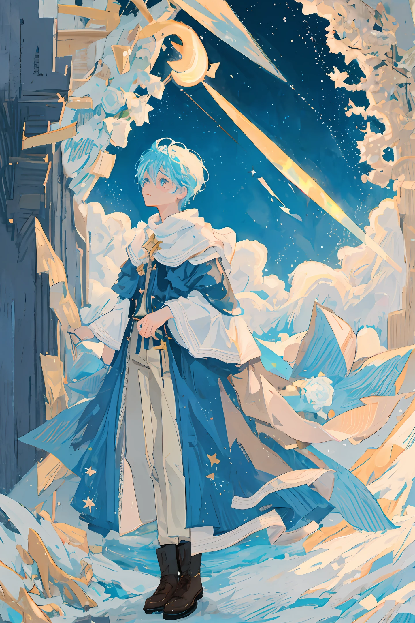 The little prince sits on the planet of roses