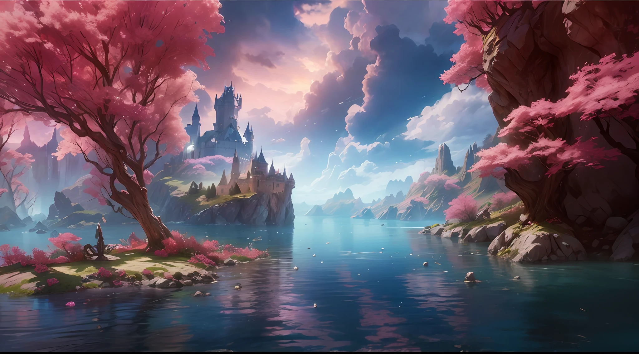 There is a picture with a beautiful fantasy landscape of the castle, epic dreamlike fantasy landscape, stuning fantasy 3 d render, fantasy sea landscape, Fantasy background, beautiful render of a fairytale, Fantasy landscape, impressive fantasy landscape, beautiful detailed fantasy, high detailed digital art, fantasy matte painting，8K high quality detailed art, fantasy scenery