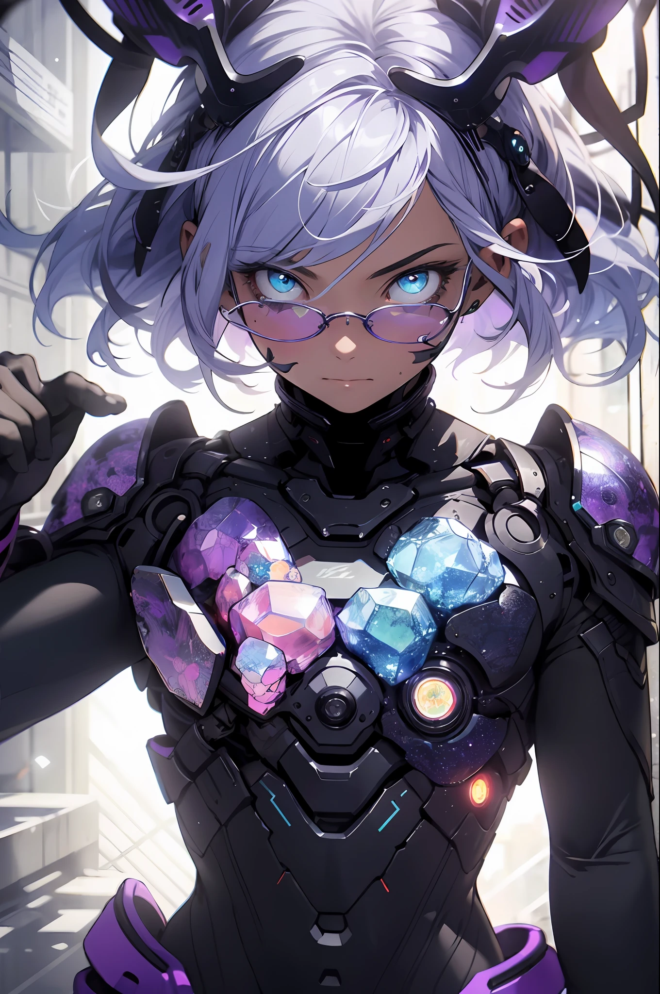 realisticlying,(tmasterpiece,top Quority,best qualtiy,offcial art,Beauty and aesthetics:1.2),The is very detailed,s fractal art,Colorful,Most detailed,zentangle,(abstract backgrounds:1.5)(1girll),Kamimei,eye glass,Purple colored hair,(long whitr hair),(Glowing blue eyes),Bigchest,Abs,mistic,(Enchanted),crystal,tightsuit,Raised sexy,Machine armor